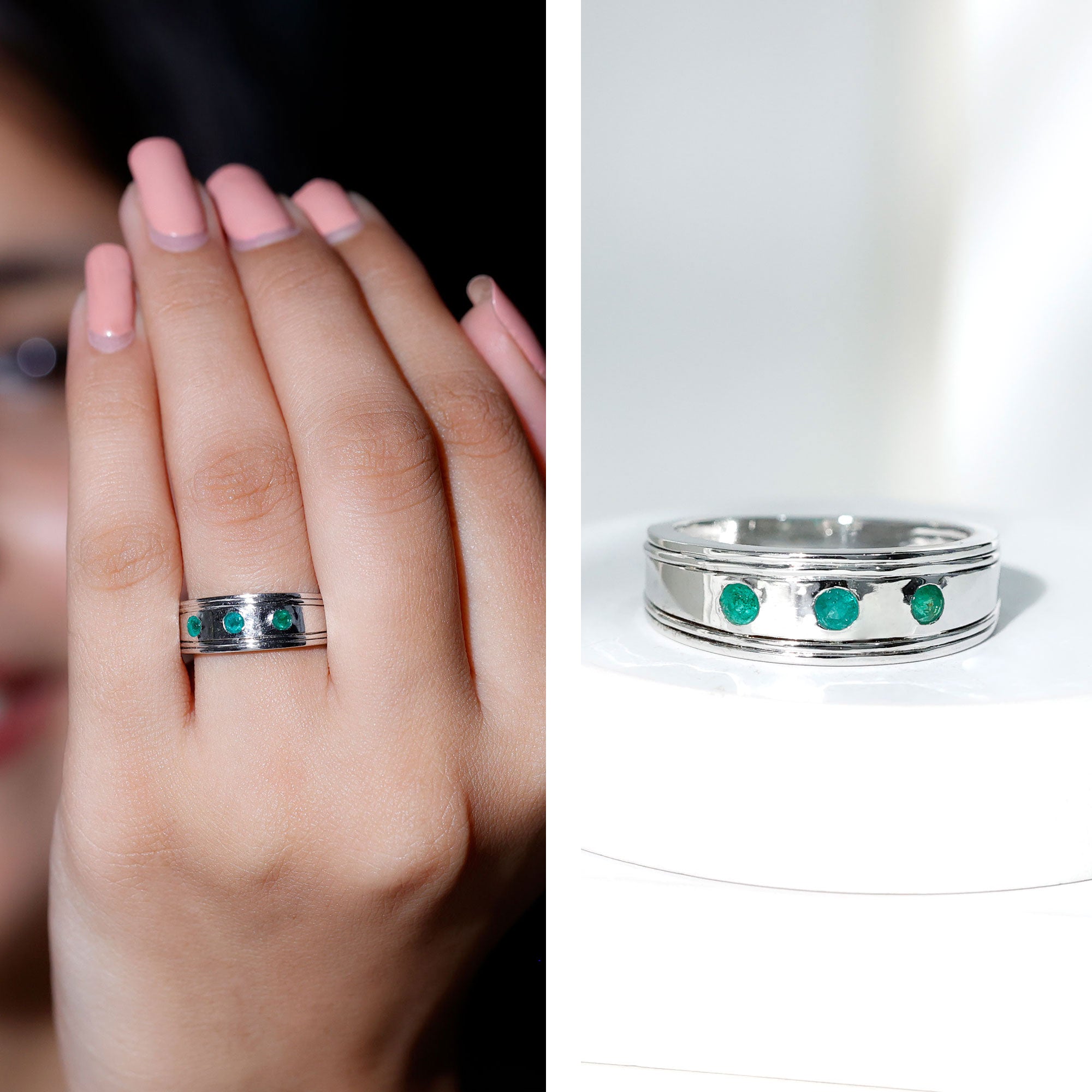 Emerald Minimal Band Ring in Gypsy Setting AAA - Rosec Jewels