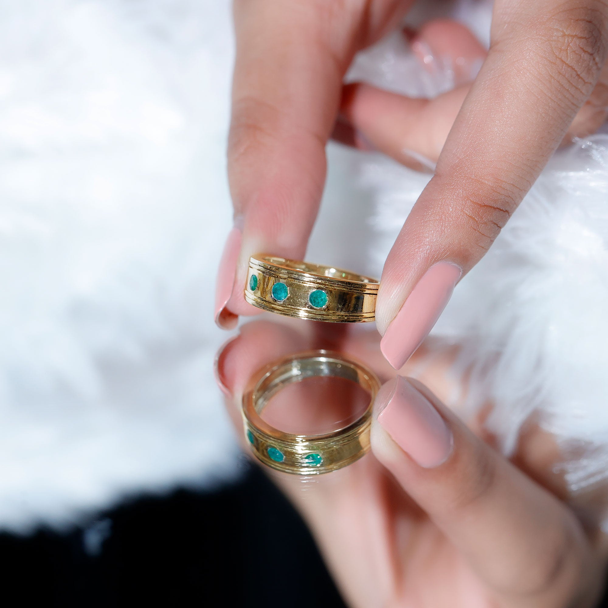 Emerald Minimal Band Ring in Gypsy Setting AAA - Rosec Jewels
