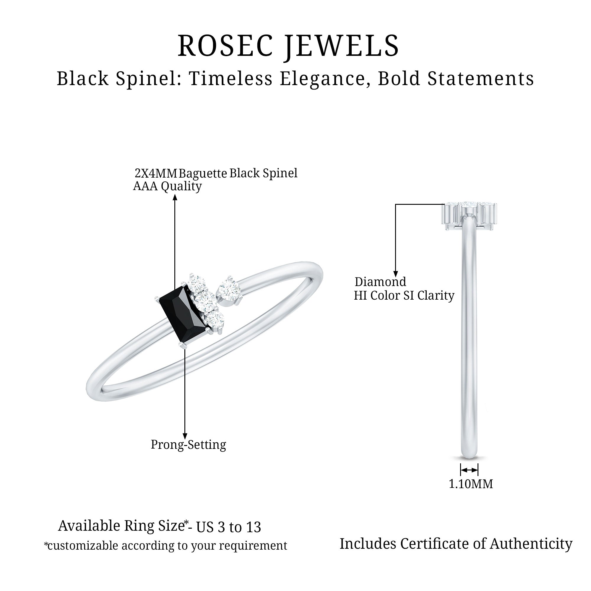 Dainty Promise Ring with Octagon Cut Black Spinel and Diamond AAA - Rosec Jewels