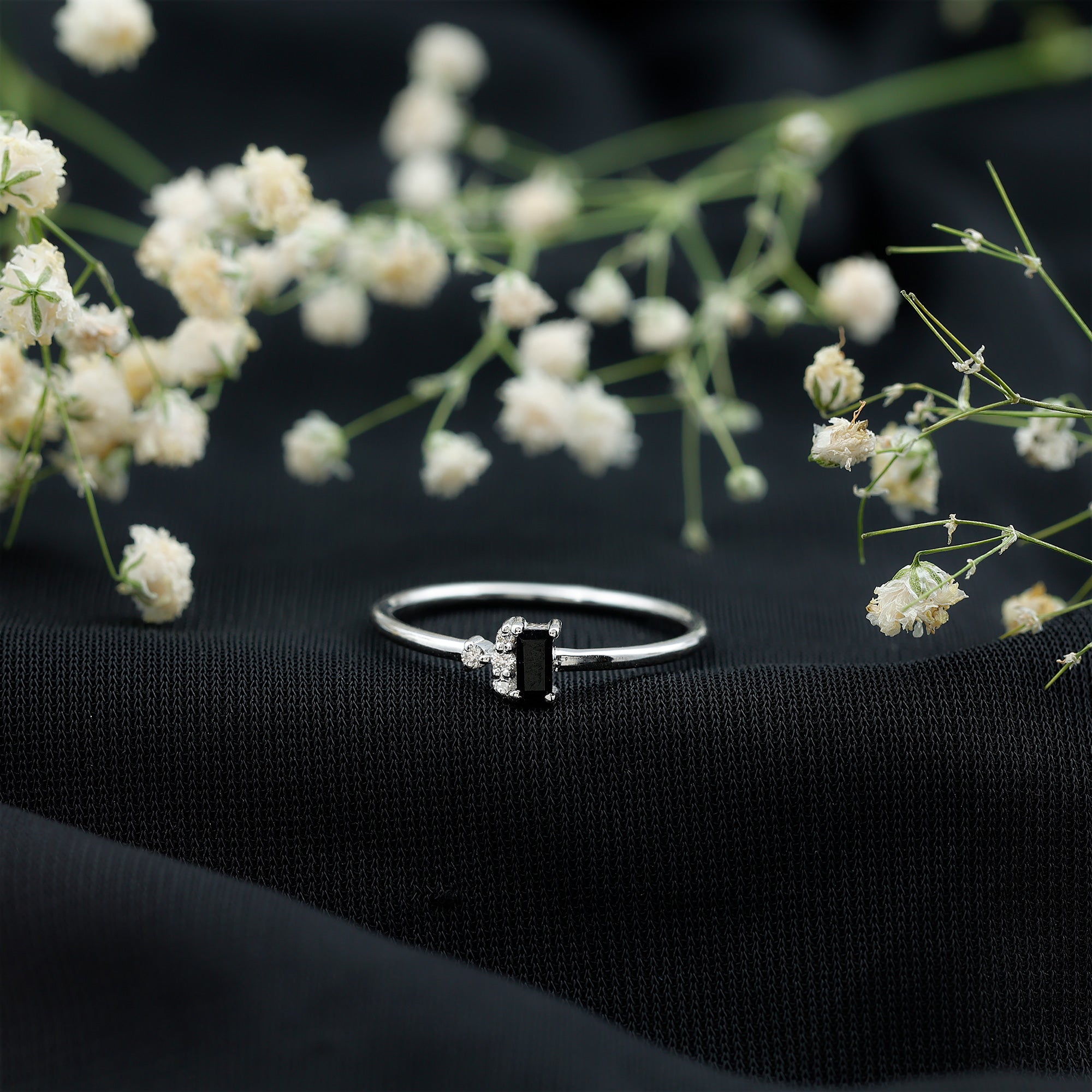Dainty Promise Ring with Octagon Cut Black Spinel and Diamond AAA - Rosec Jewels