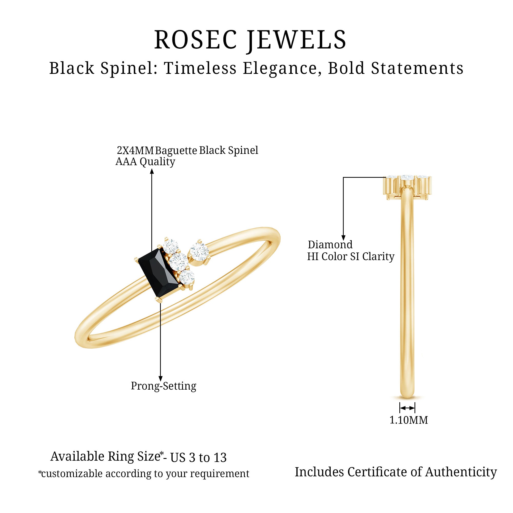 Dainty Promise Ring with Octagon Cut Black Spinel and Diamond AAA - Rosec Jewels