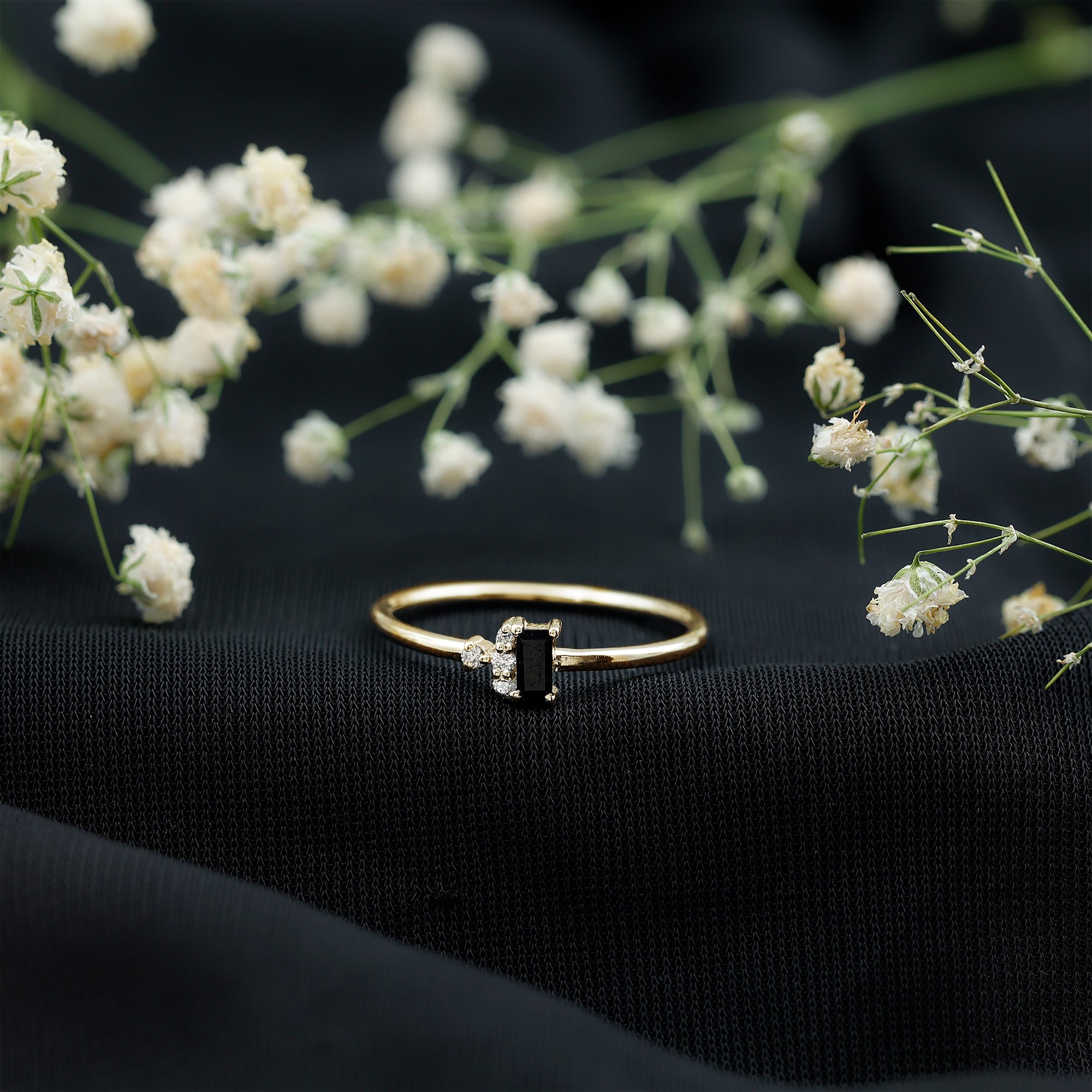 Dainty Promise Ring with Octagon Cut Black Spinel and Diamond AAA - Rosec Jewels
