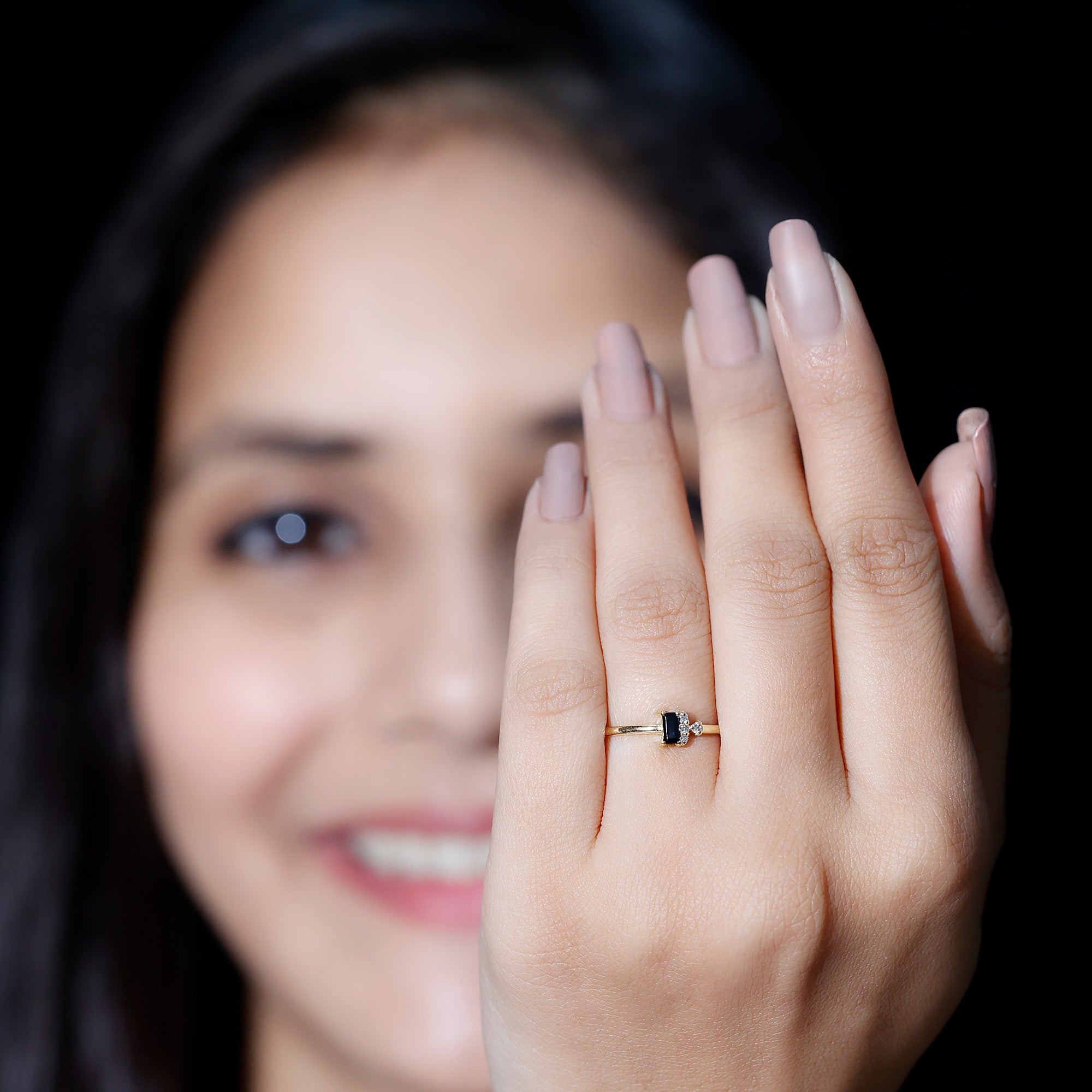 Dainty Promise Ring with Octagon Cut Black Spinel and Diamond AAA - Rosec Jewels