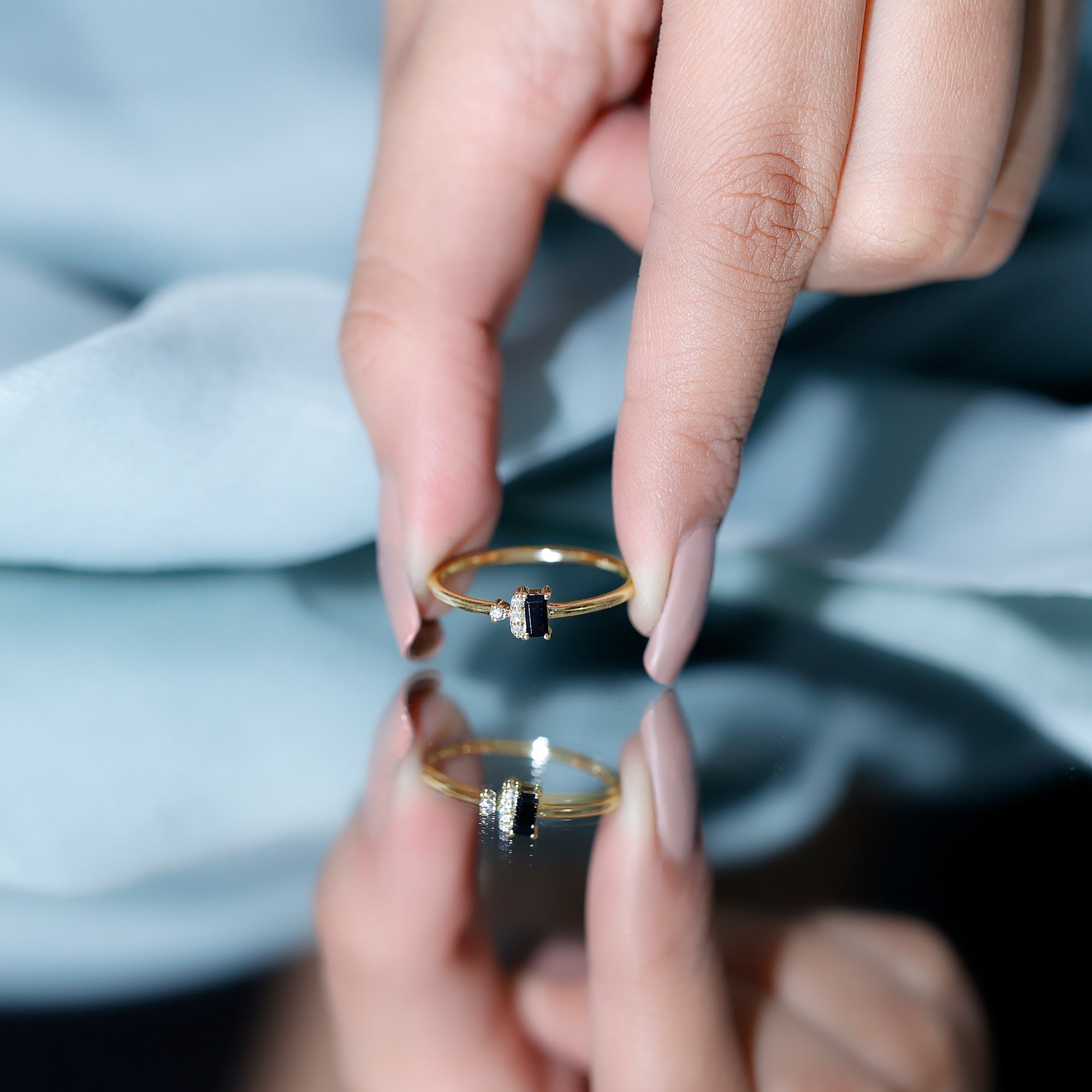 Dainty Promise Ring with Octagon Cut Black Spinel and Diamond AAA - Rosec Jewels