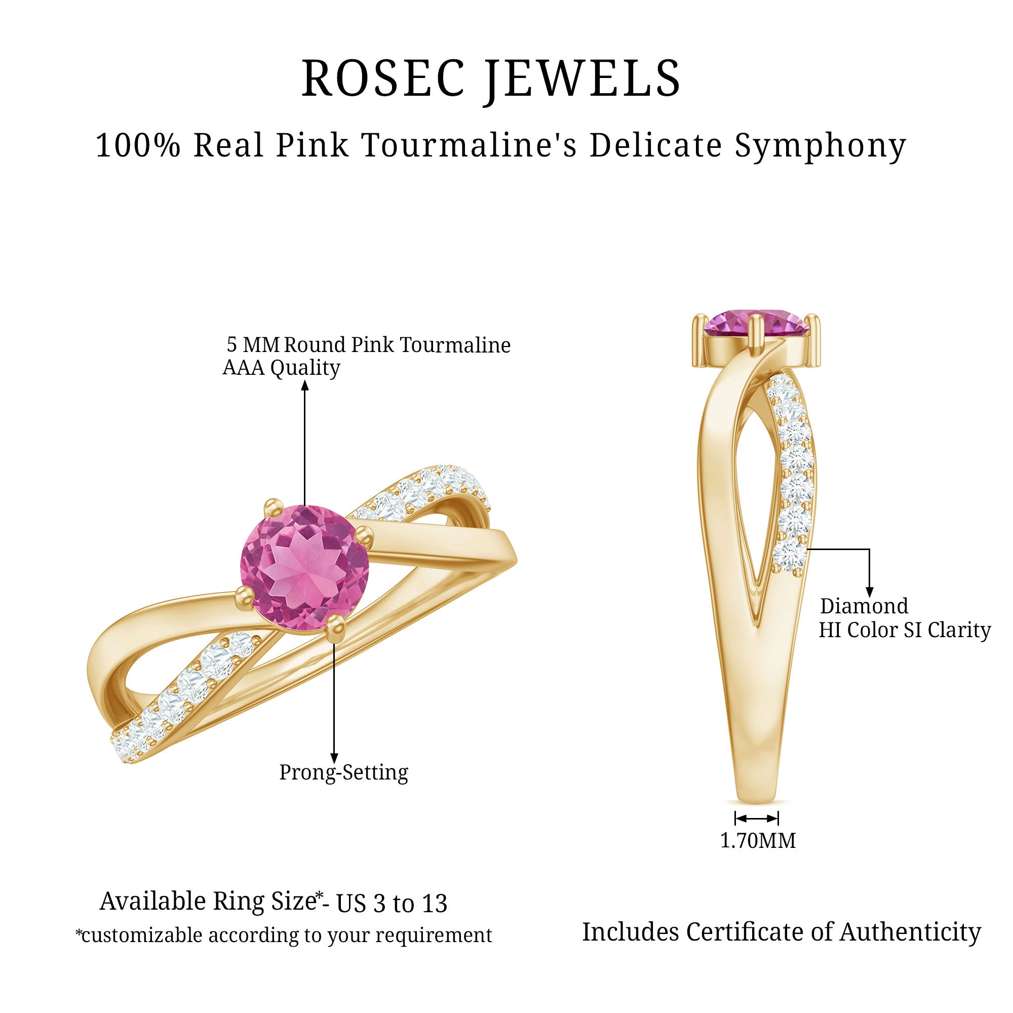 1/2 CT Pink Tourmaline Solitaire and Diamond Infinity Ring AAA - Rosec Jewels