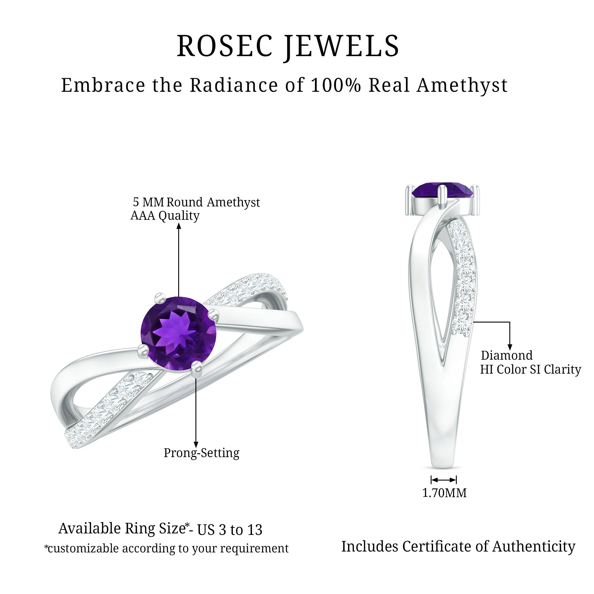 Real Amethyst Diamond Infinity Engagement Ring for Women AAA - Rosec Jewels