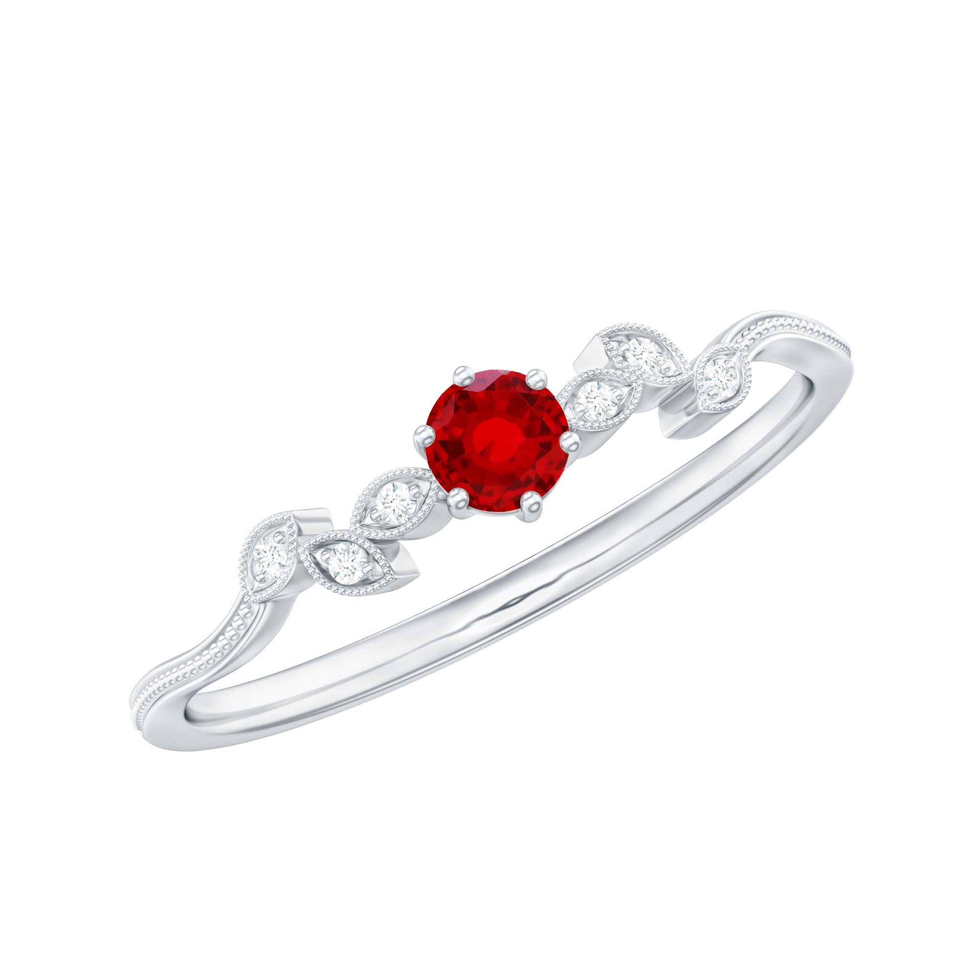Rosec Jewels-Lab Created Ruby and Diamond Leaf Promise Ring