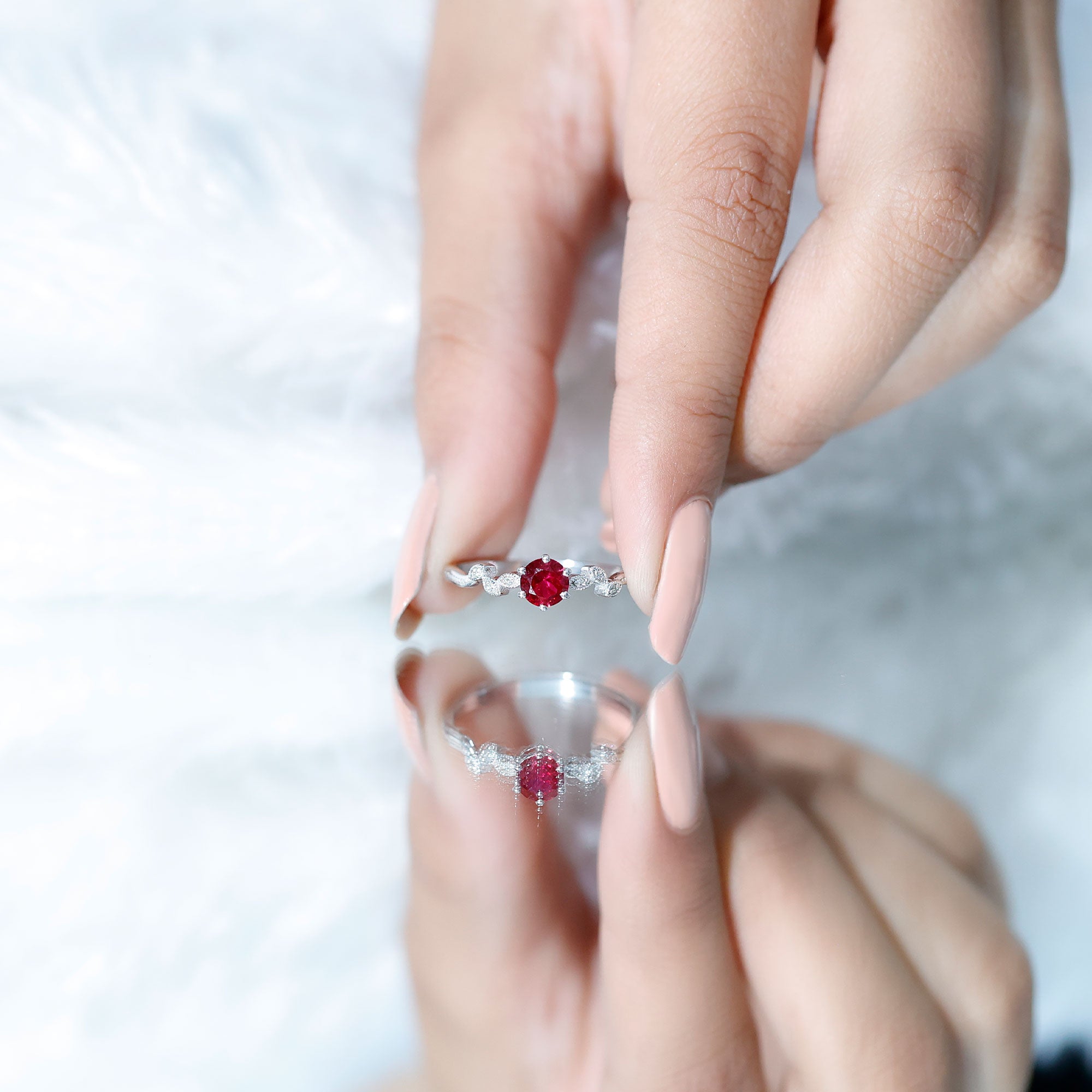 Rosec Jewels-Lab Created Ruby and Diamond Leaf Promise Ring