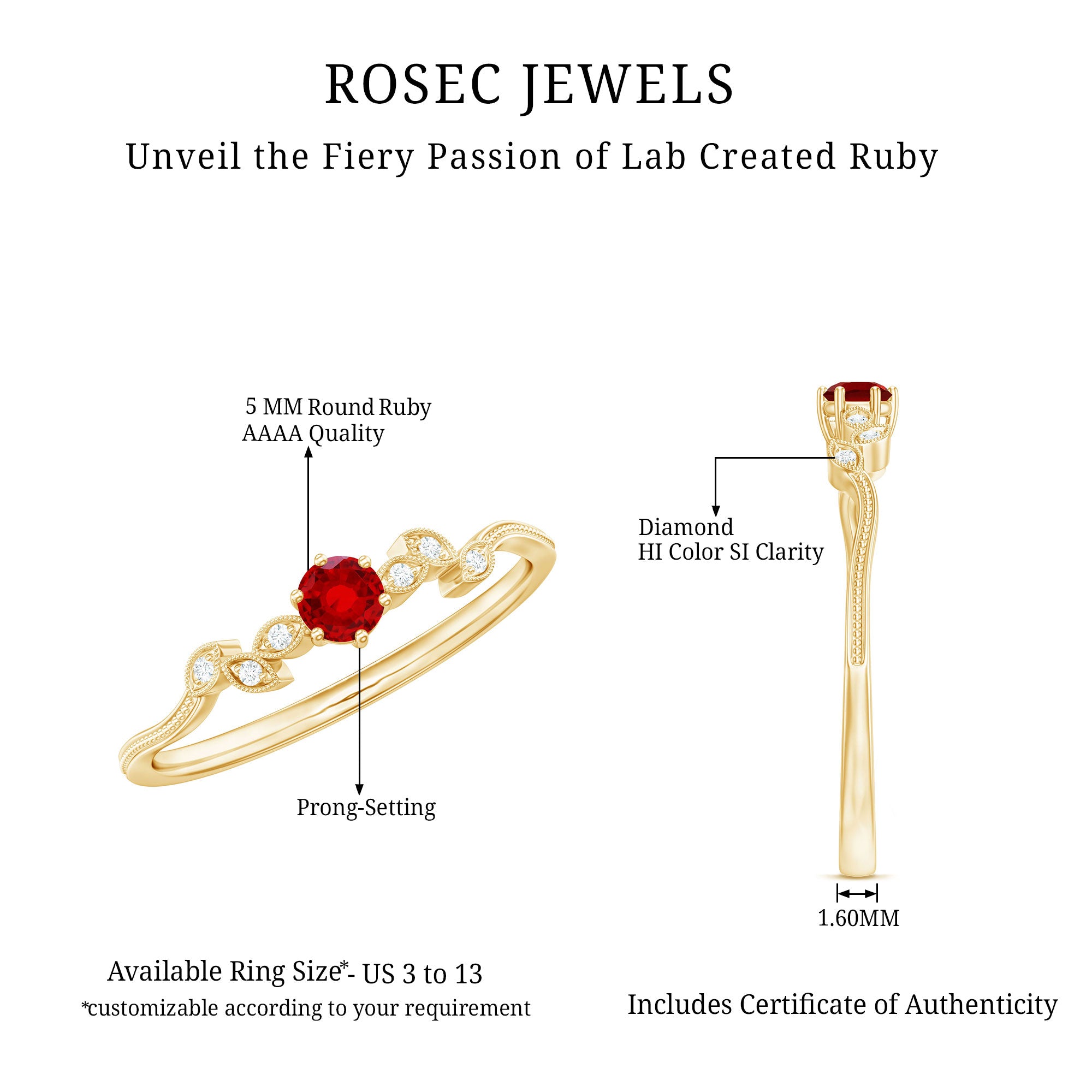 Rosec Jewels-Lab Created Ruby and Diamond Leaf Promise Ring