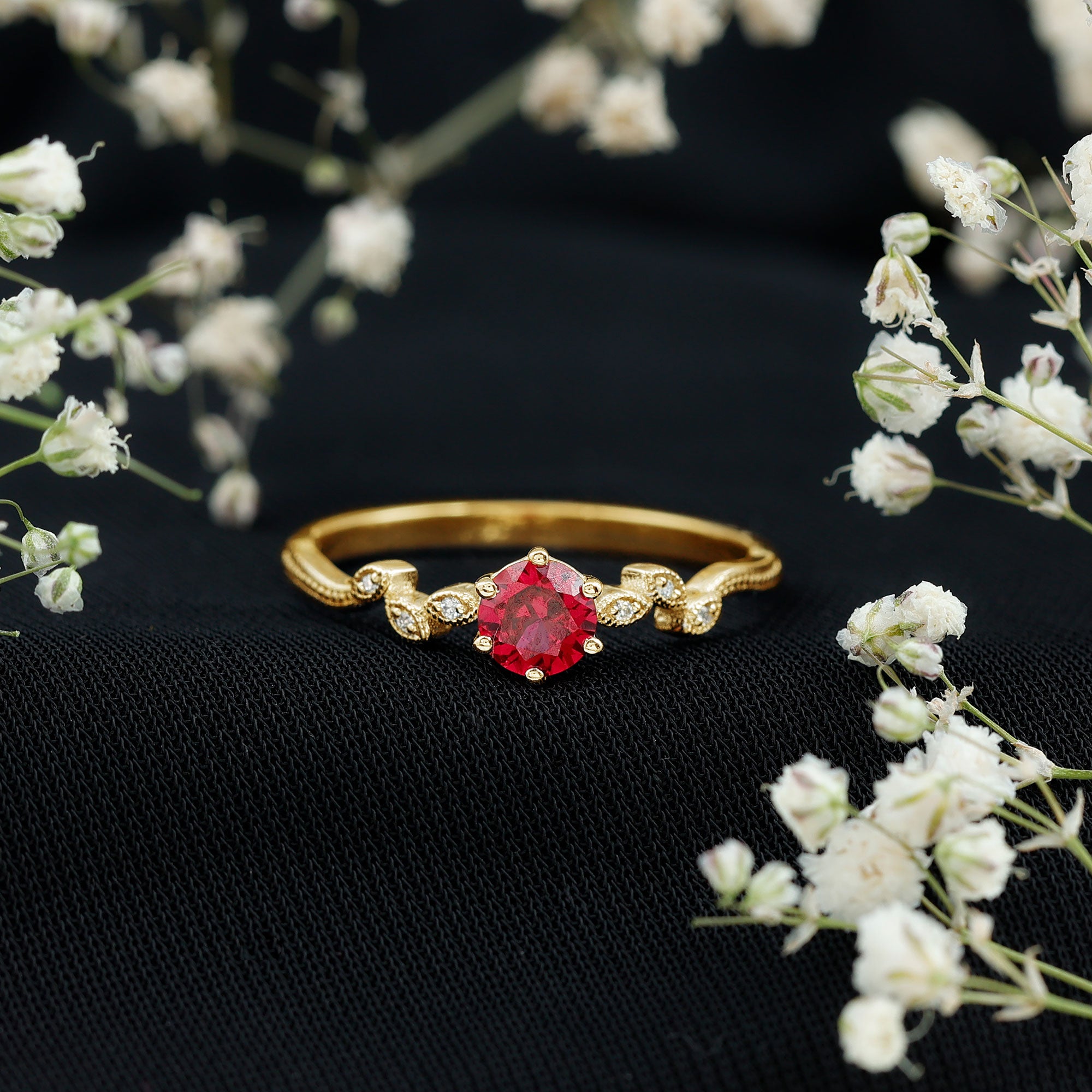Rosec Jewels-Lab Created Ruby and Diamond Leaf Promise Ring