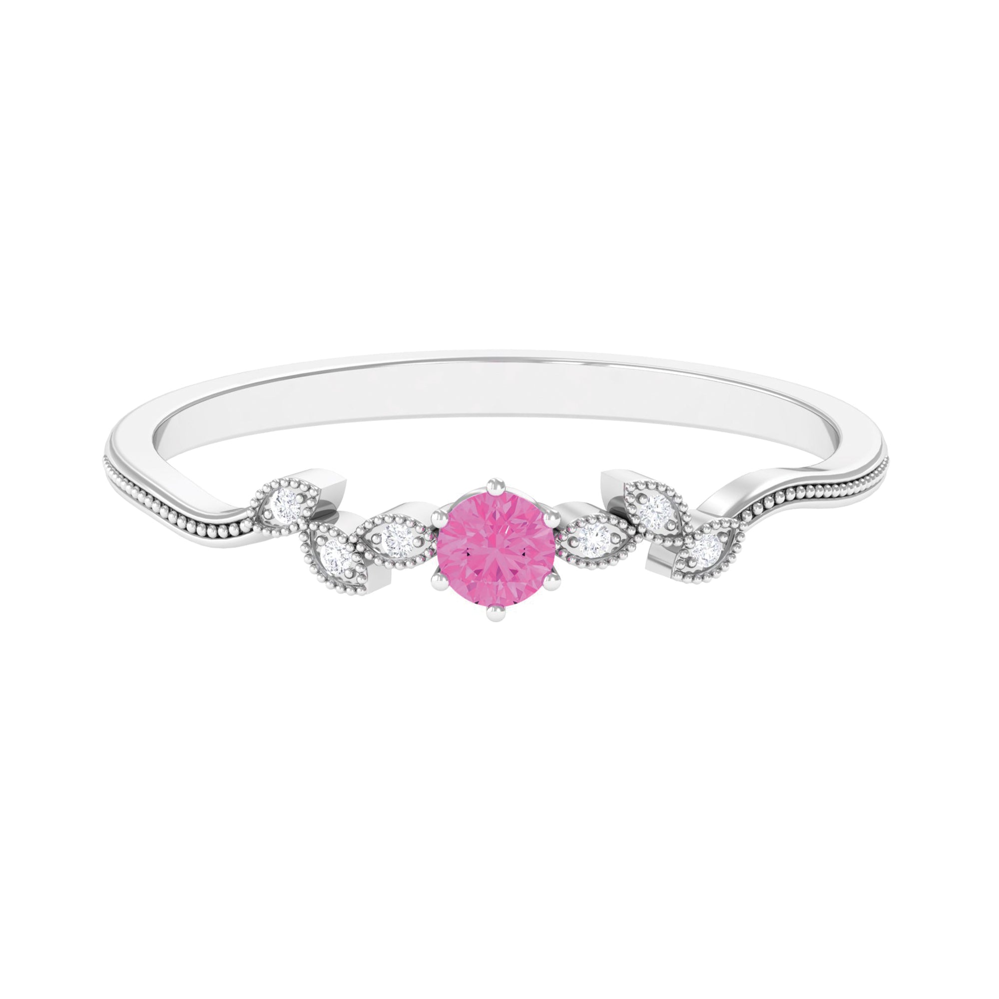 Pink Sapphire and Moissanite Leaf Promise Ring with Beaded Detailing