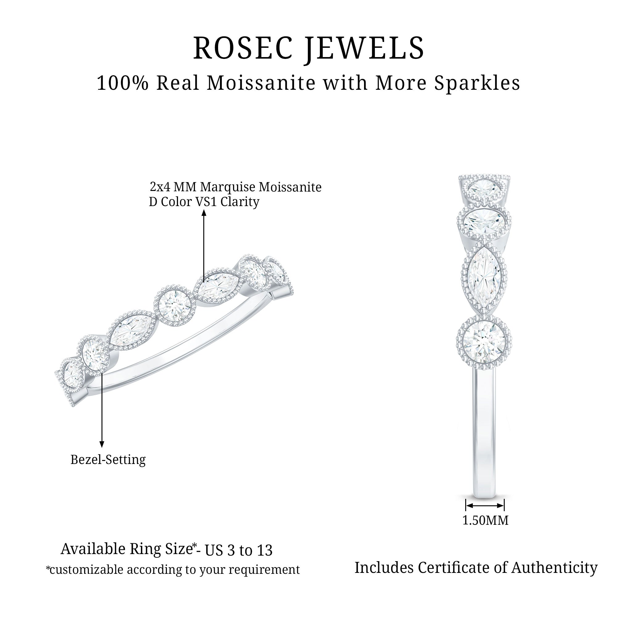 Certified Bezel Set Moissanite Eternity Band Ring D-VS1 - Rosec Jewels