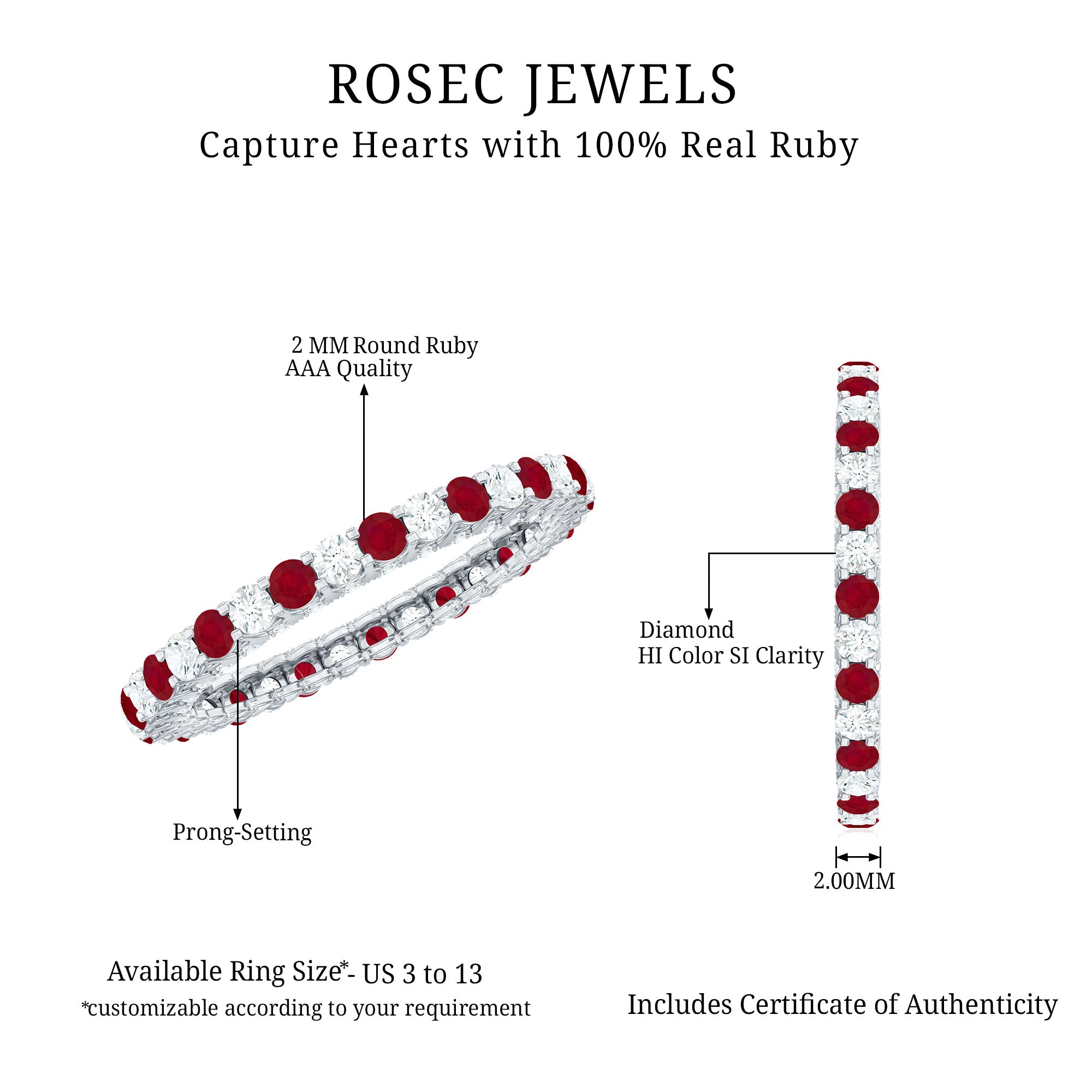 Natural Ruby Diamond Eternity Ring for Anniversary AAA - Rosec Jewels