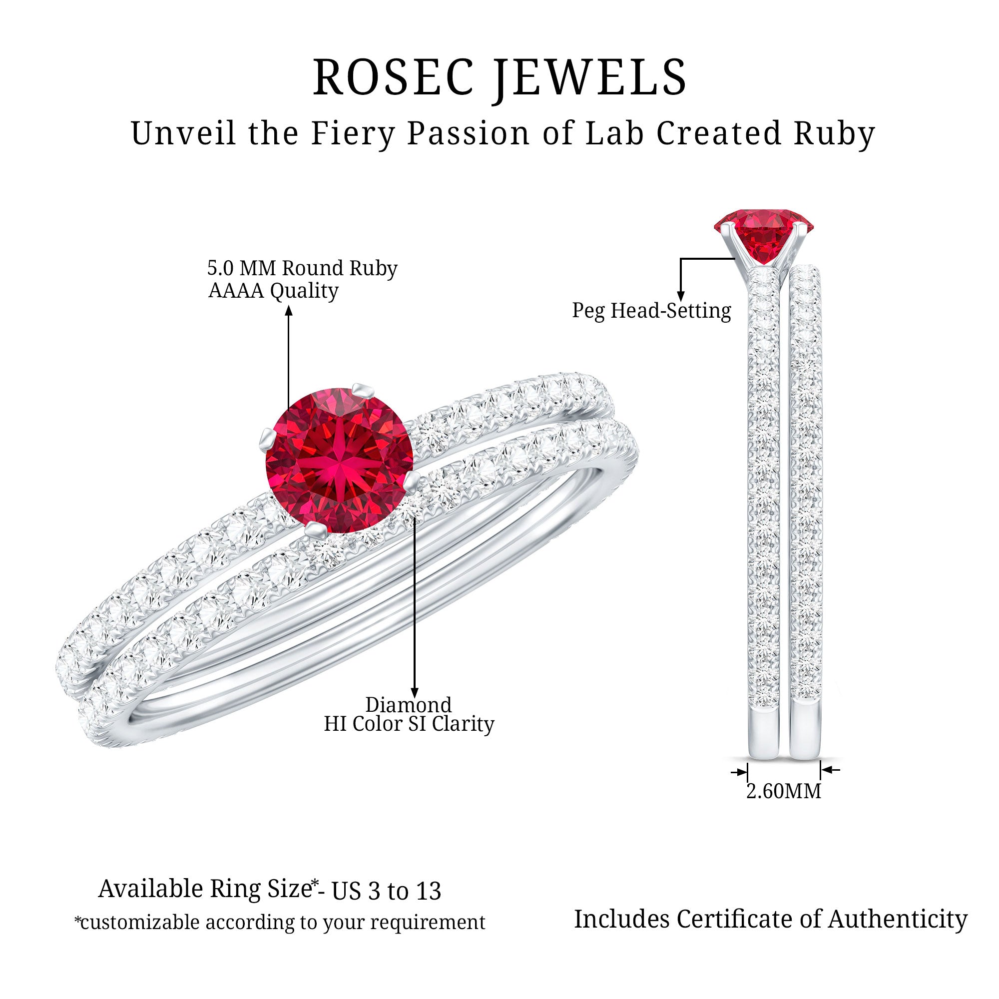 Simple Lab Created Ruby and Diamond Wedding Ring Set AAAA - Rosec Jewels