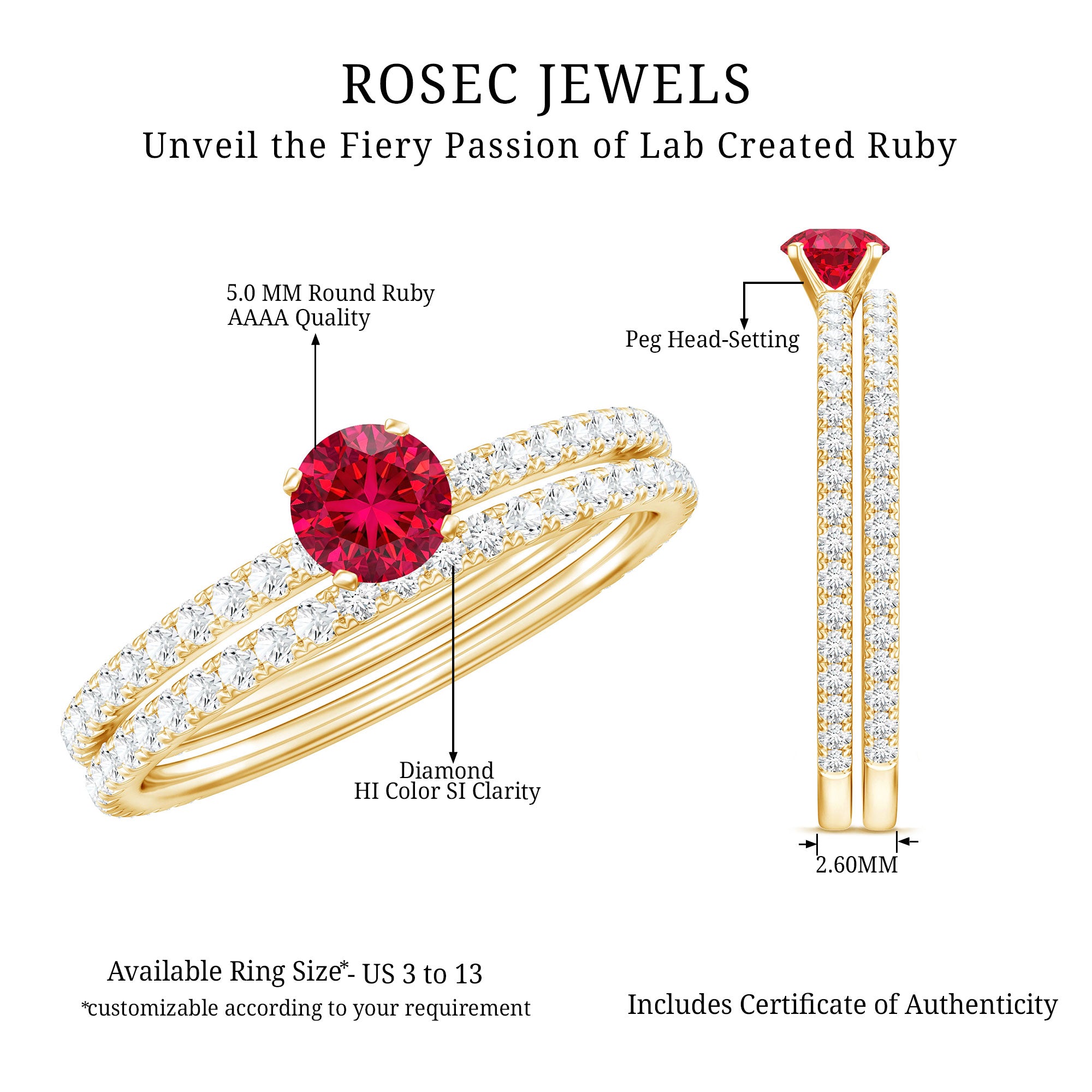 Simple Lab Created Ruby and Diamond Wedding Ring Set AAAA - Rosec Jewels