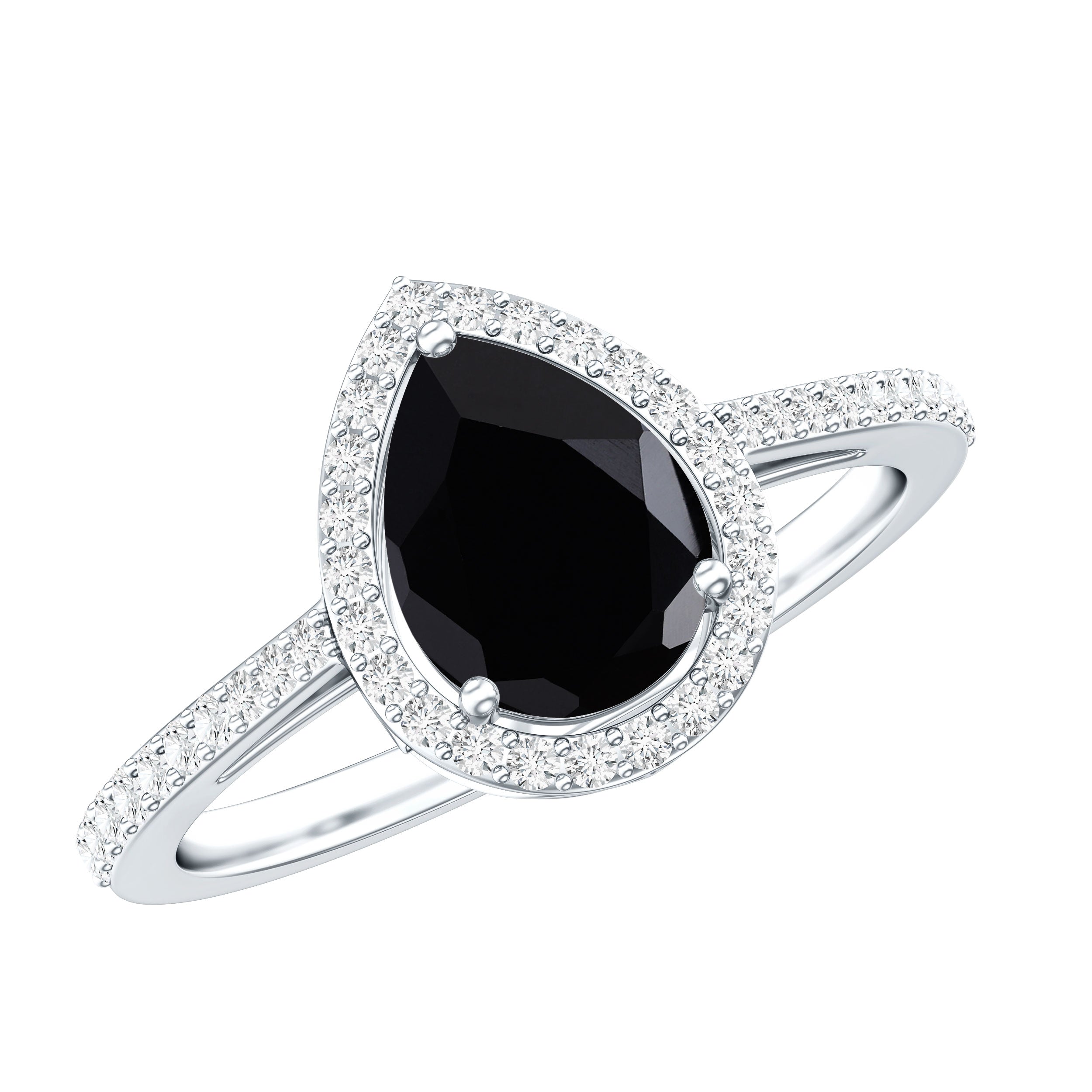Natural Black Spinel Teardrop Engagement Ring with Diamond Halo AAA - Rosec Jewels