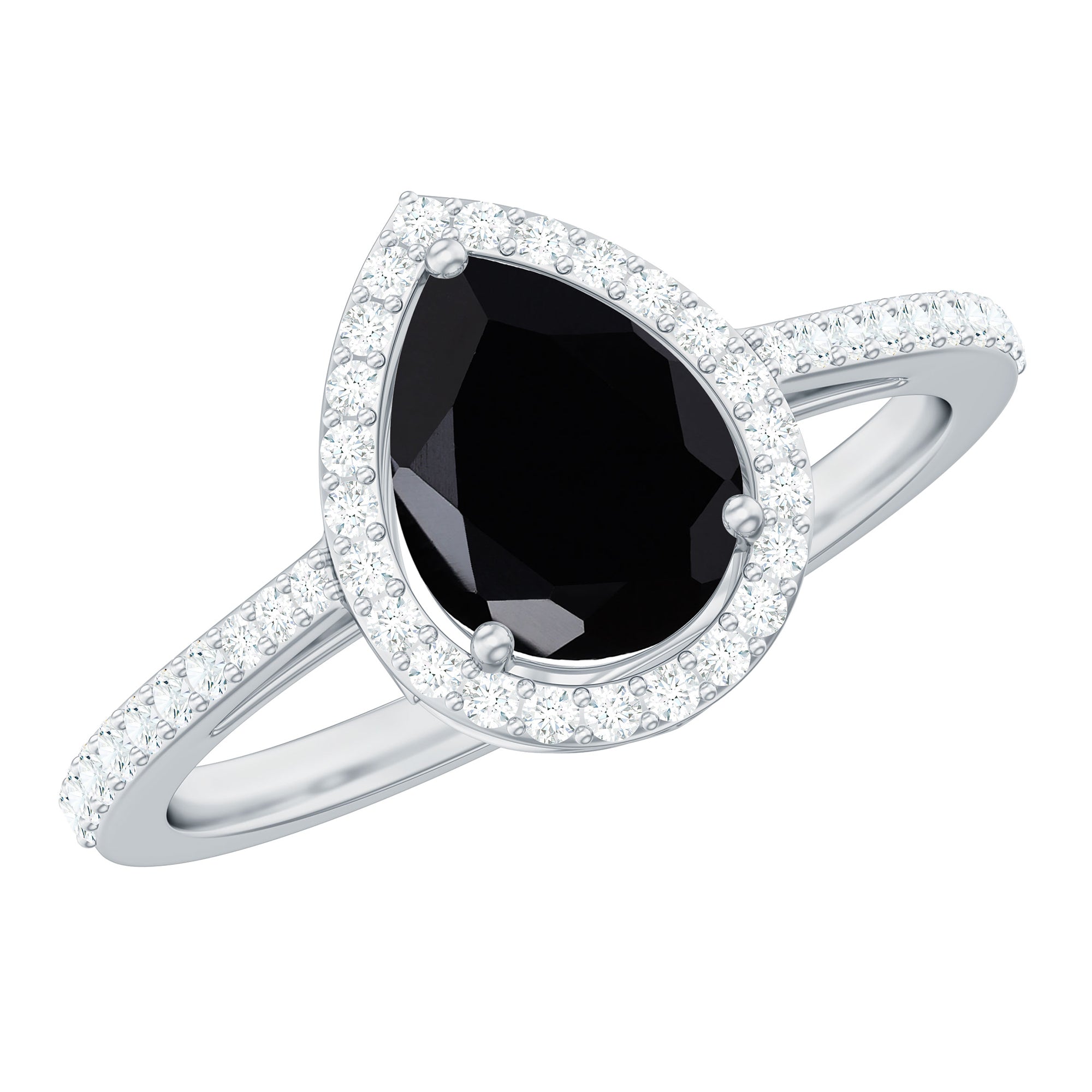 Natural Black Spinel Teardrop Engagement Ring with Diamond Halo