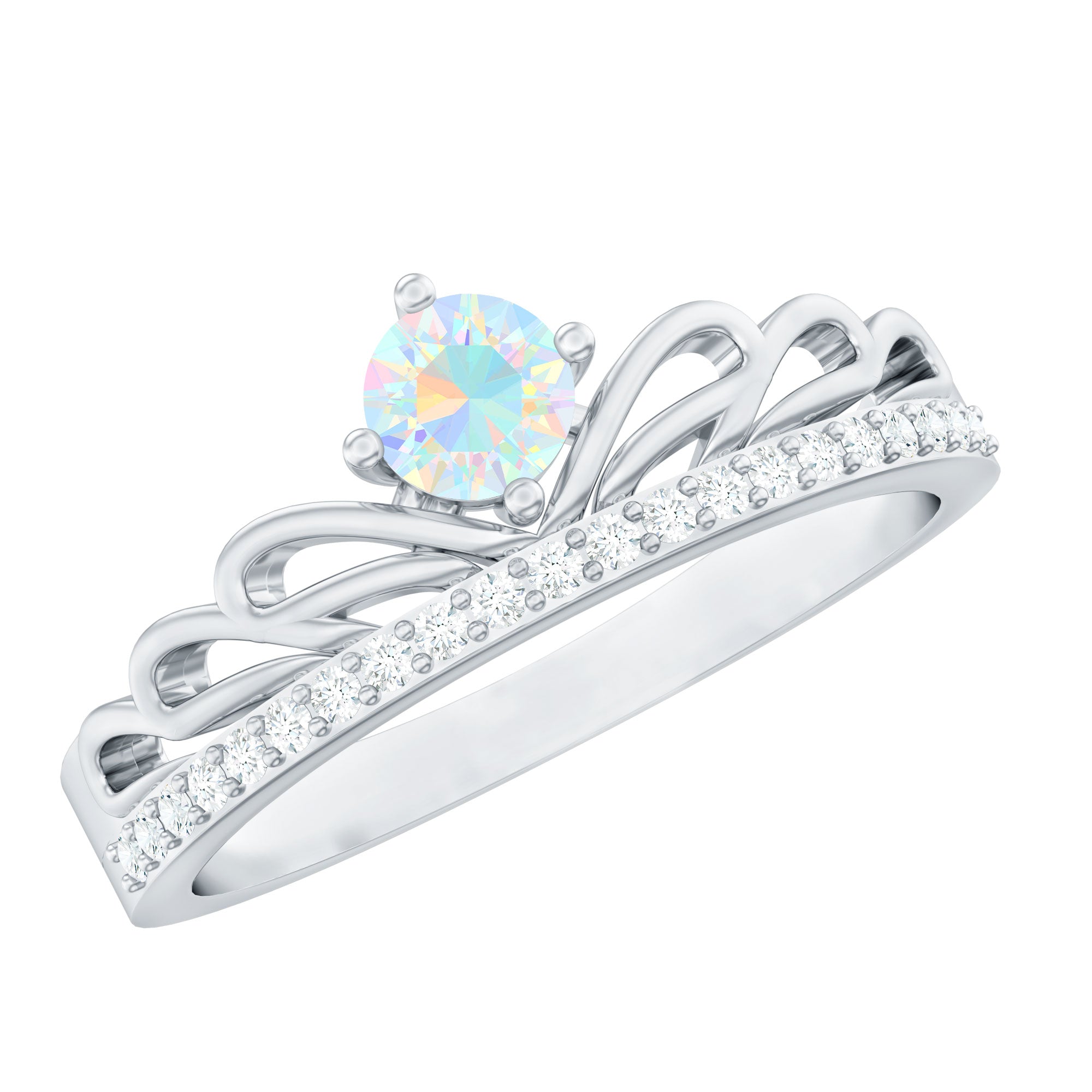 Natural Ethiopian Rainbow Opal Crown Promise Ring with Diamond