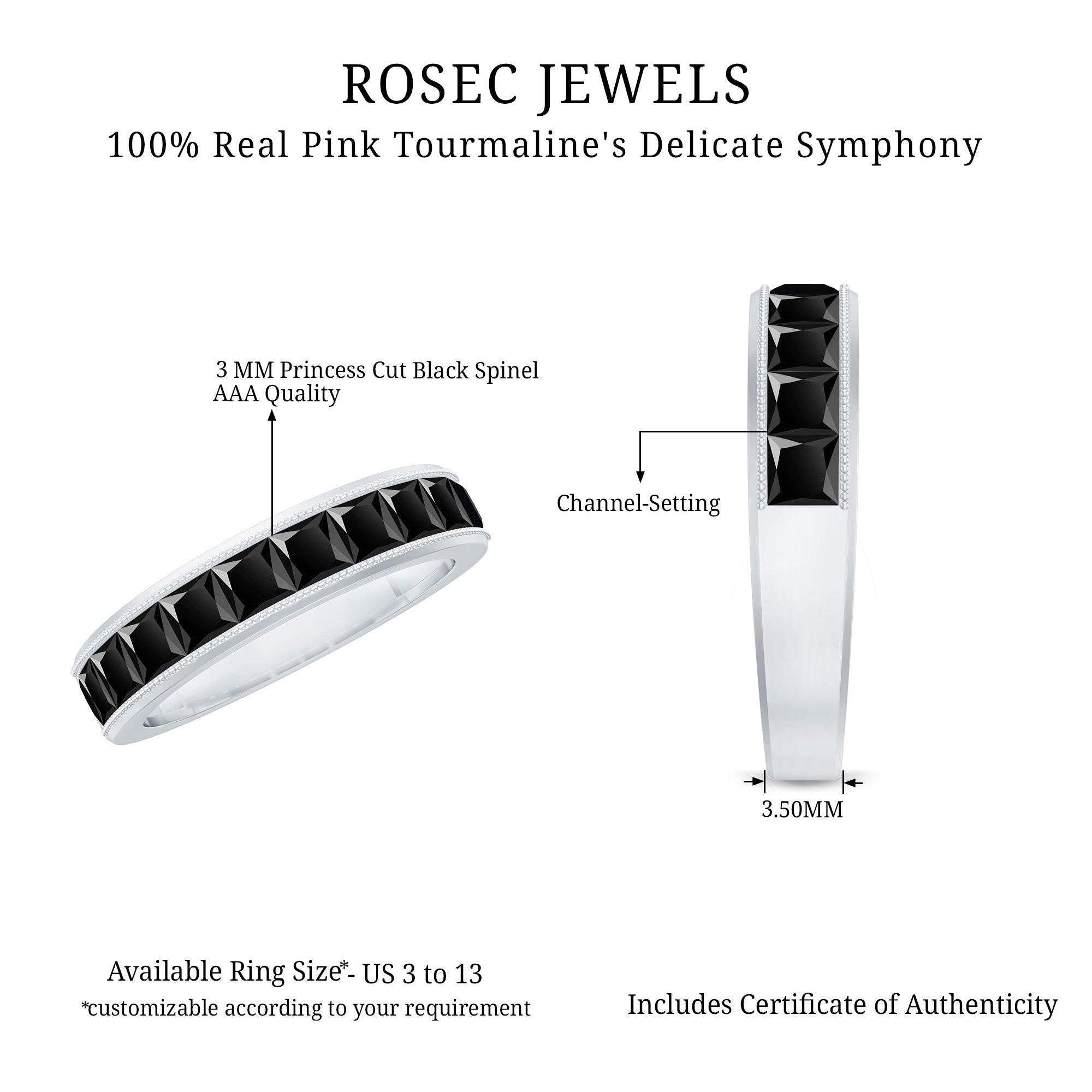 Princess Cut Black Spinel Half Eternity Band Ring AAA - Rosec Jewels