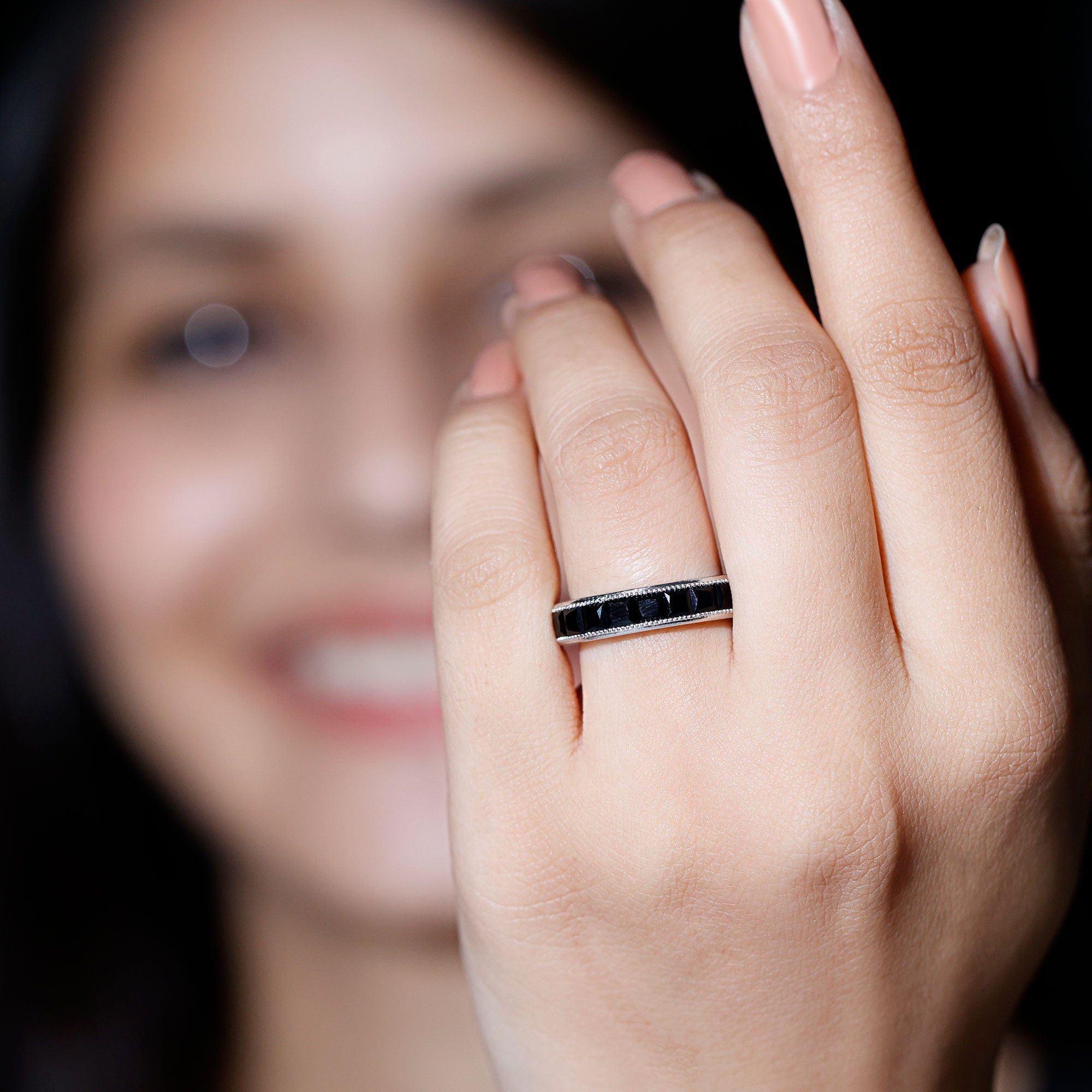 Princess Cut Black Spinel Half Eternity Band Ring AAA - Rosec Jewels
