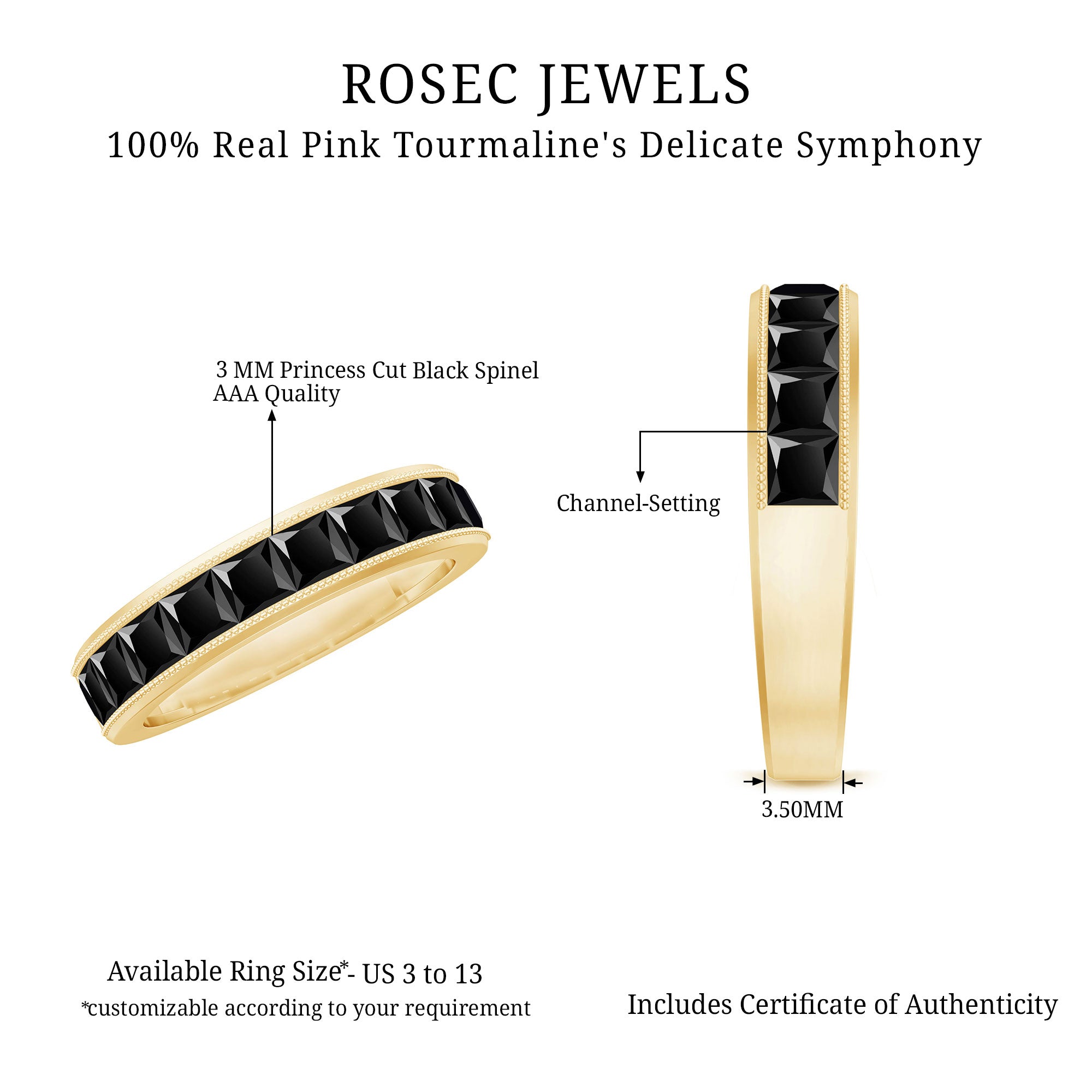 Princess Cut Black Spinel Half Eternity Band Ring AAA - Rosec Jewels
