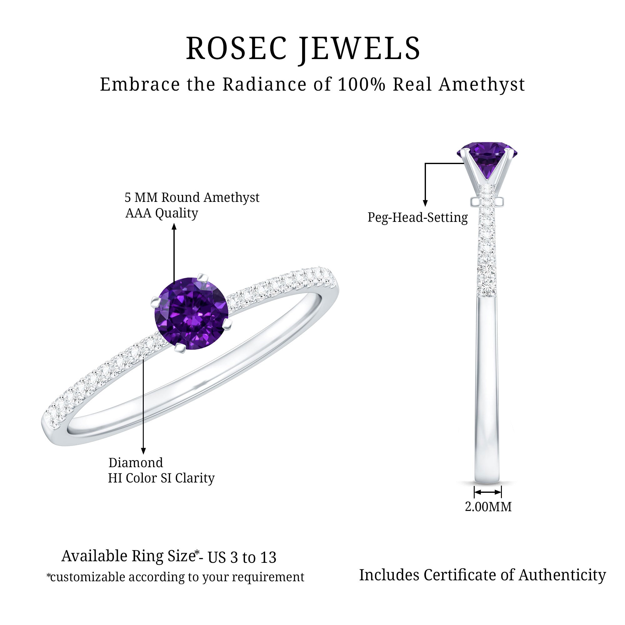 Real Amethyst Promise Ring with Diamond for Women AAA - Rosec Jewels