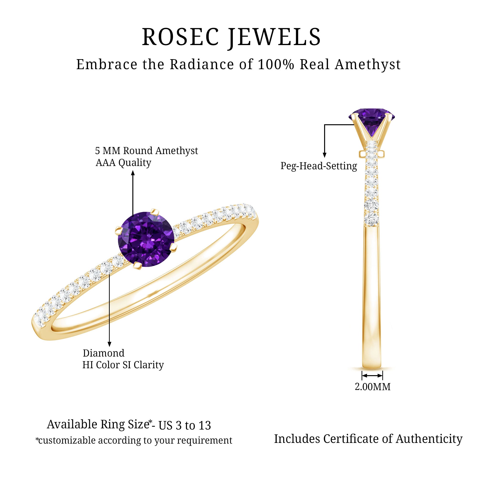Real Amethyst Promise Ring with Diamond for Women AAA - Rosec Jewels