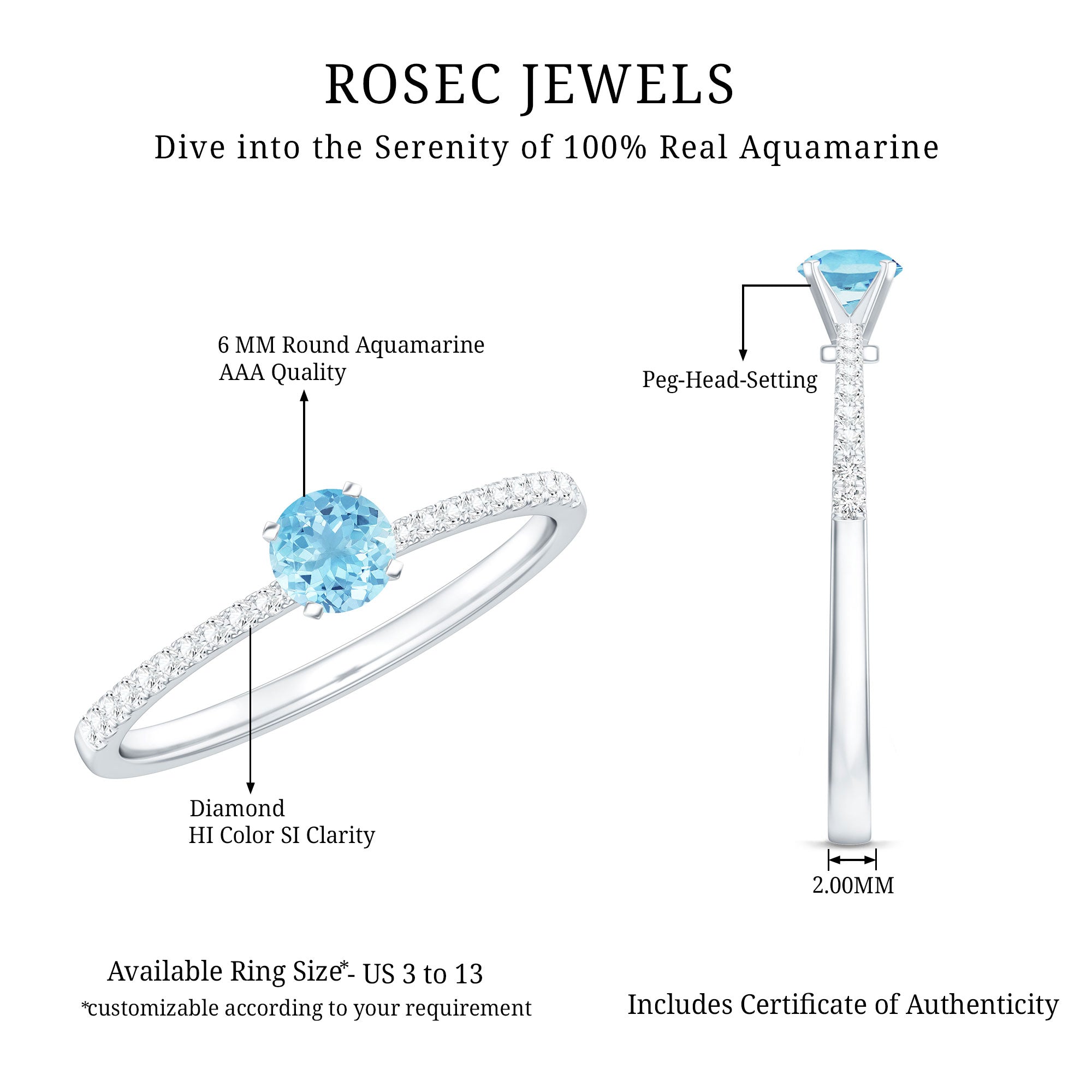 Natural Aquamarine Promise Ring with Diamond Side Stones AAA - Rosec Jewels
