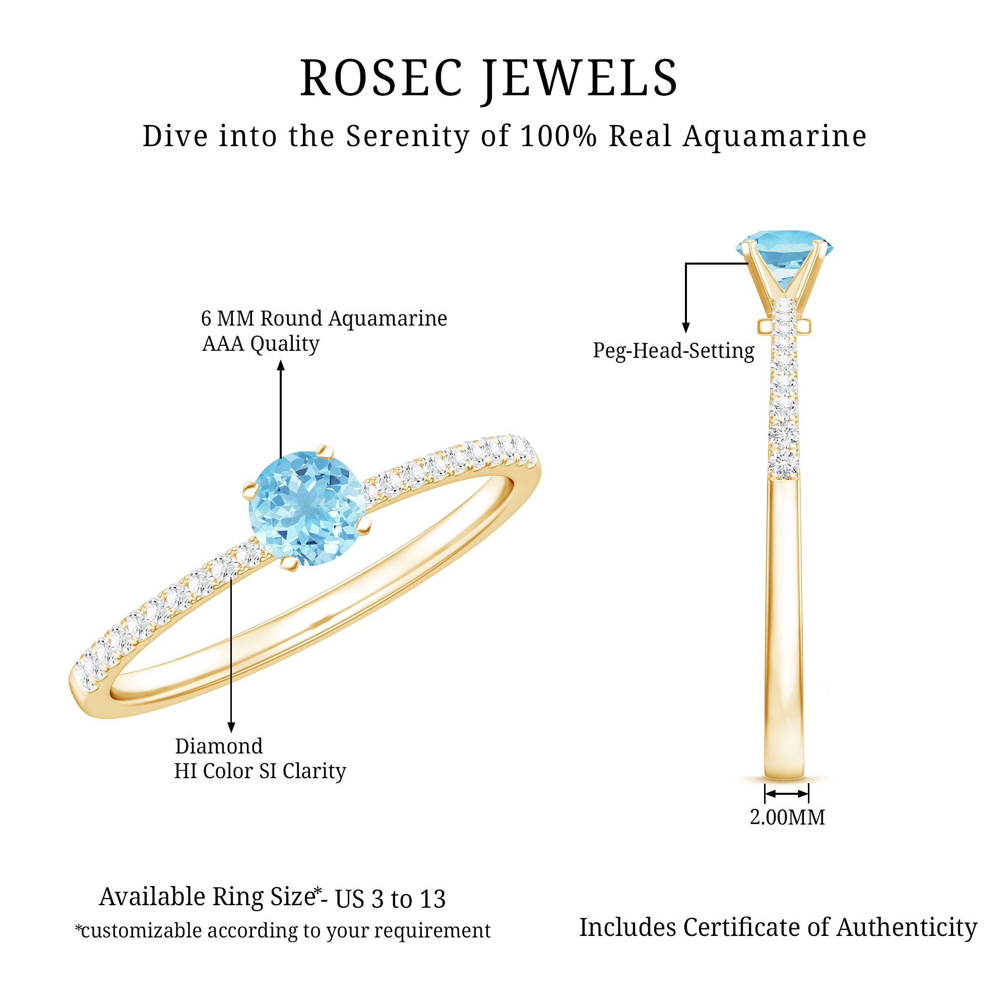 Natural Aquamarine Promise Ring with Diamond Side Stones AAA - Rosec Jewels