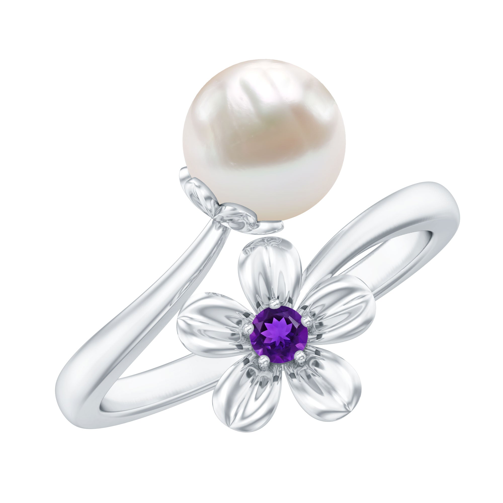 Cultured 3 Carat Freshwater Pearl Flower Ring with Amethyst AAA - Rosec Jewels