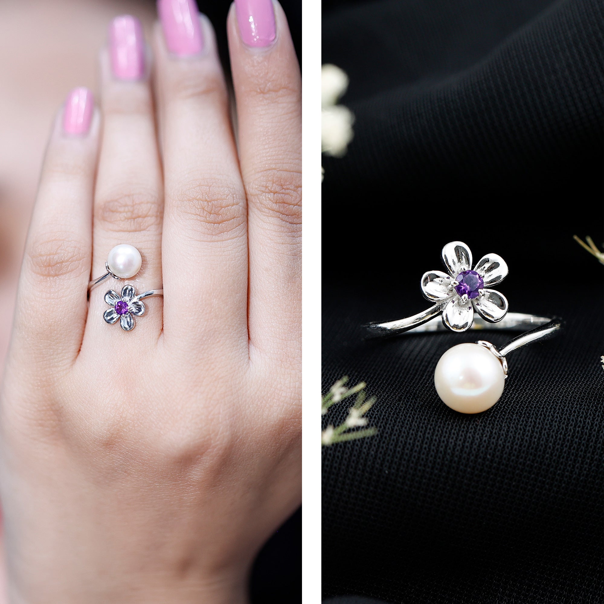 Cultured 3 Carat Freshwater Pearl Flower Ring with Amethyst AAA - Rosec Jewels