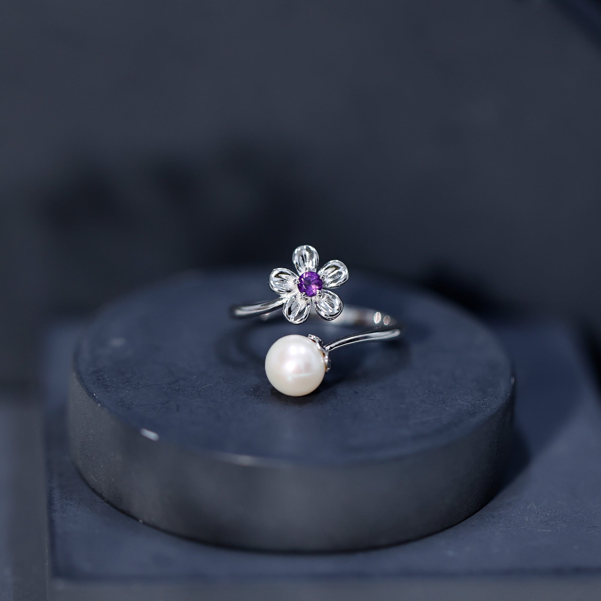 Cultured 3 Carat Freshwater Pearl Flower Ring with Amethyst AAA - Rosec Jewels