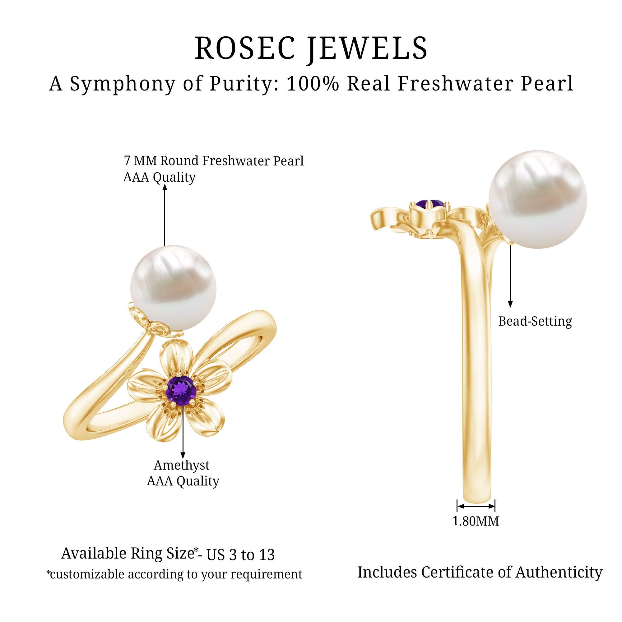 Cultured 3 Carat Freshwater Pearl Flower Ring with Amethyst AAA - Rosec Jewels