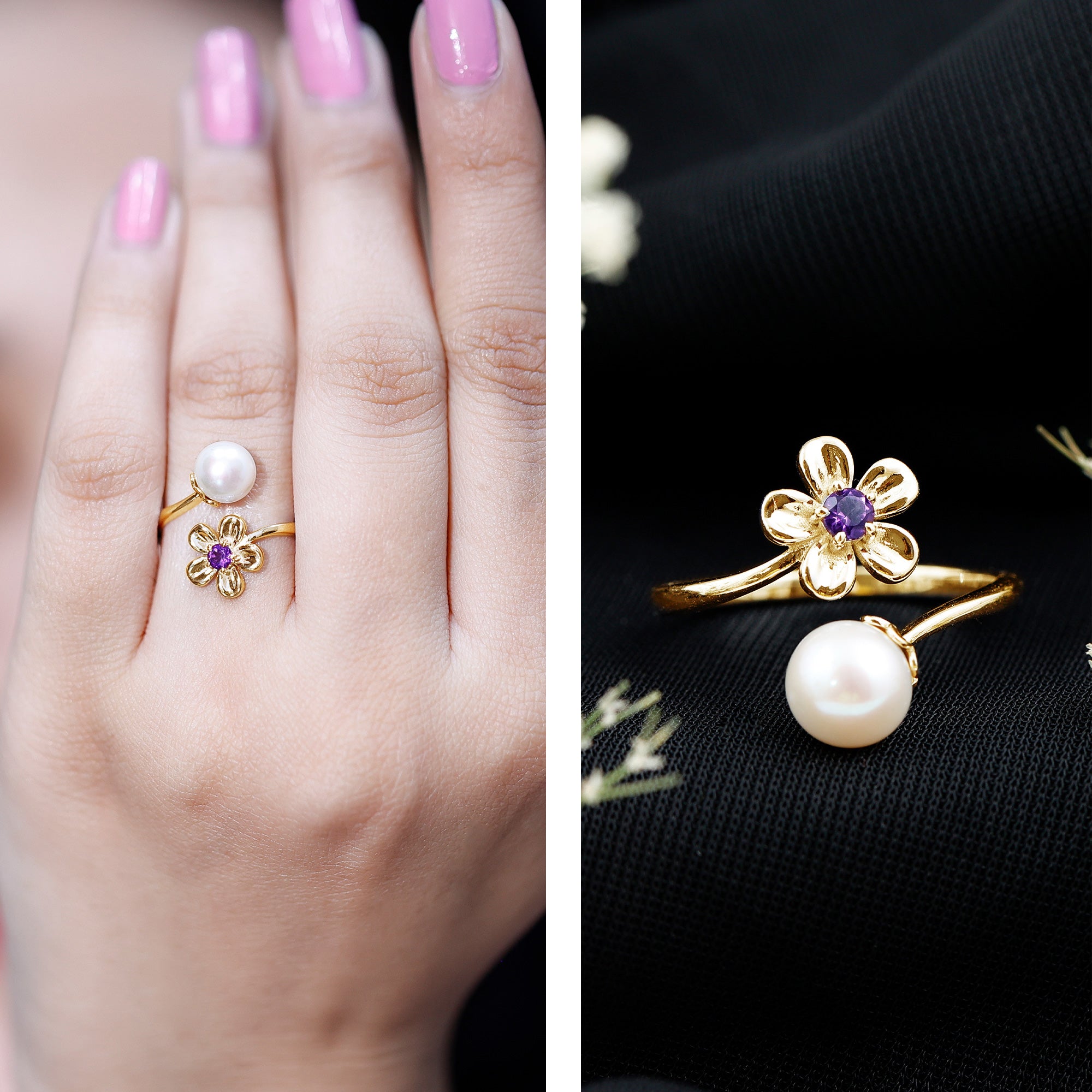 Cultured 3 Carat Freshwater Pearl Flower Ring with Amethyst AAA - Rosec Jewels