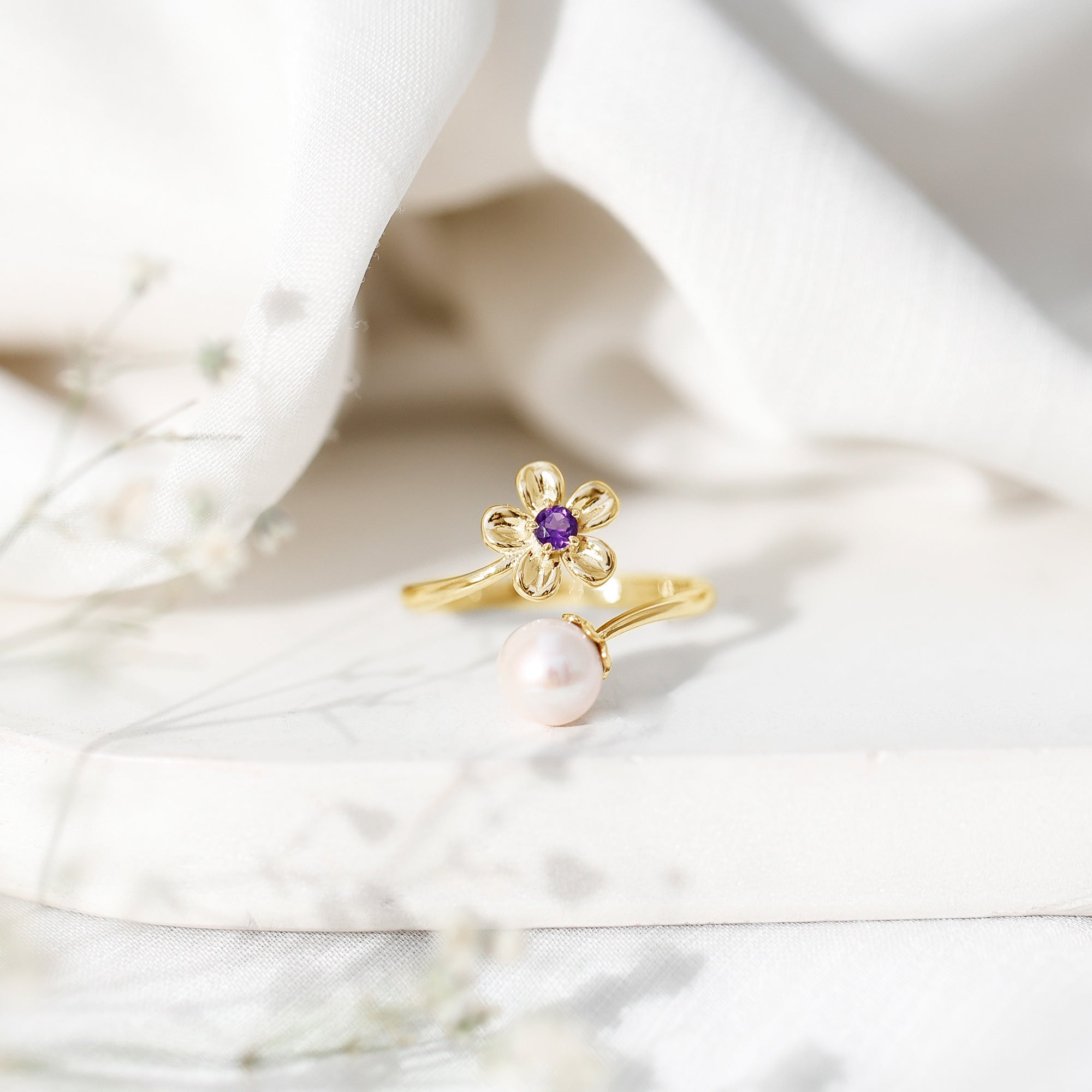 Cultured 3 Carat Freshwater Pearl Flower Ring with Amethyst AAA - Rosec Jewels