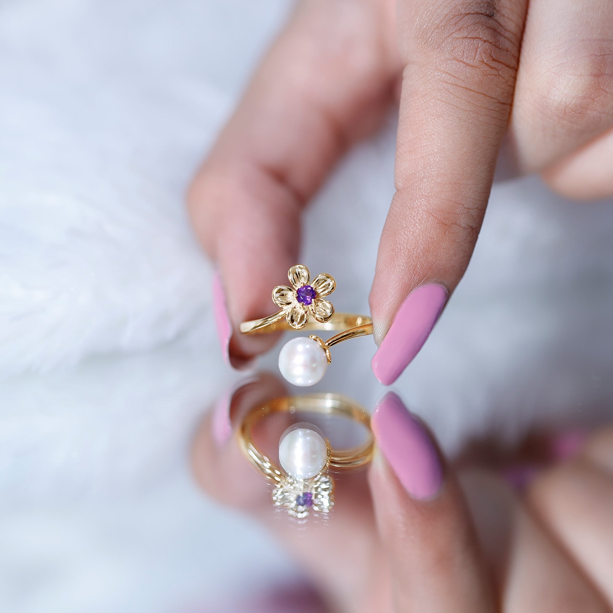 Cultured 3 Carat Freshwater Pearl Flower Ring with Amethyst AAA - Rosec Jewels