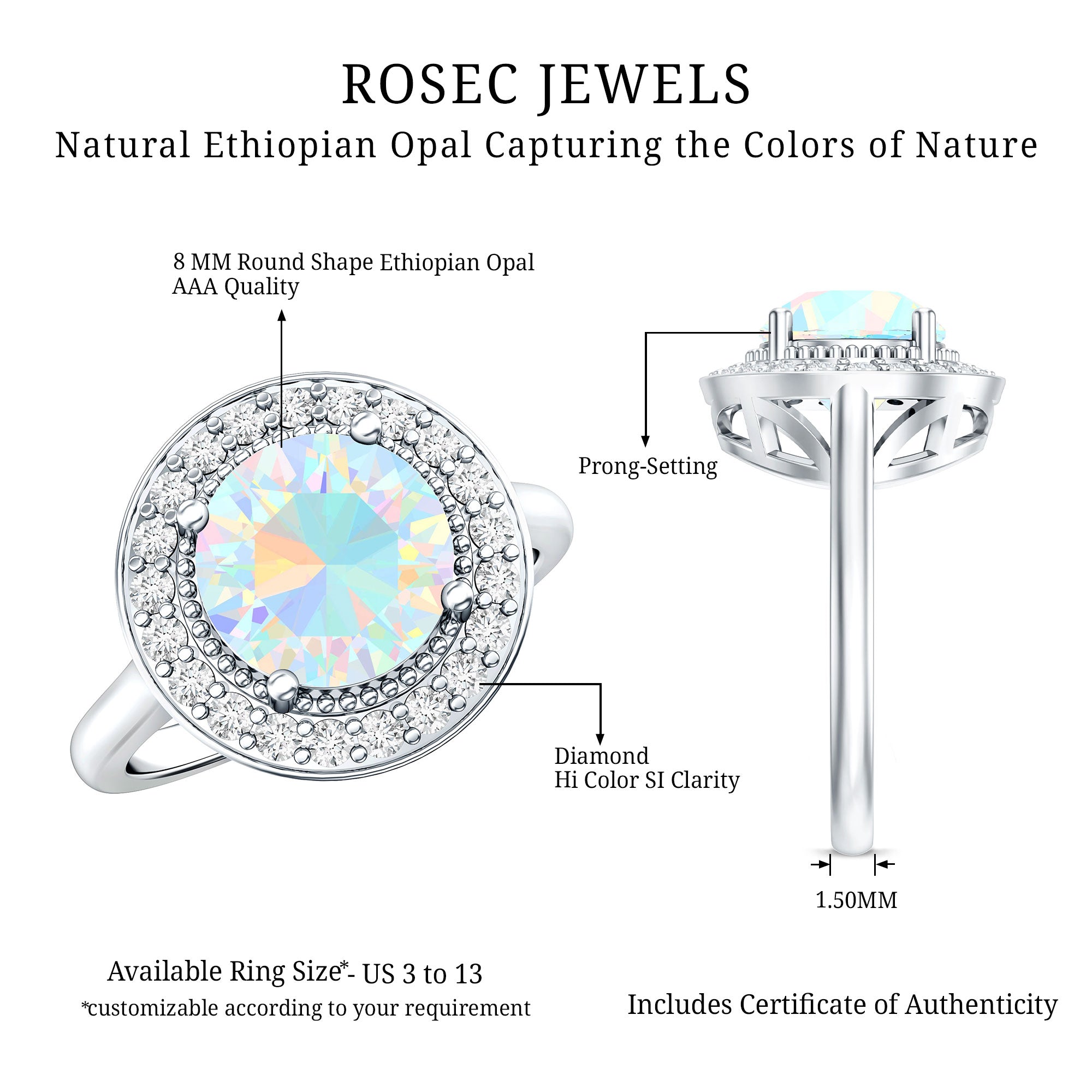 Vintage Inspired 8mm Ethiopian Opal Engagement Ring with Diamond Halo AAA - Rosec Jewels