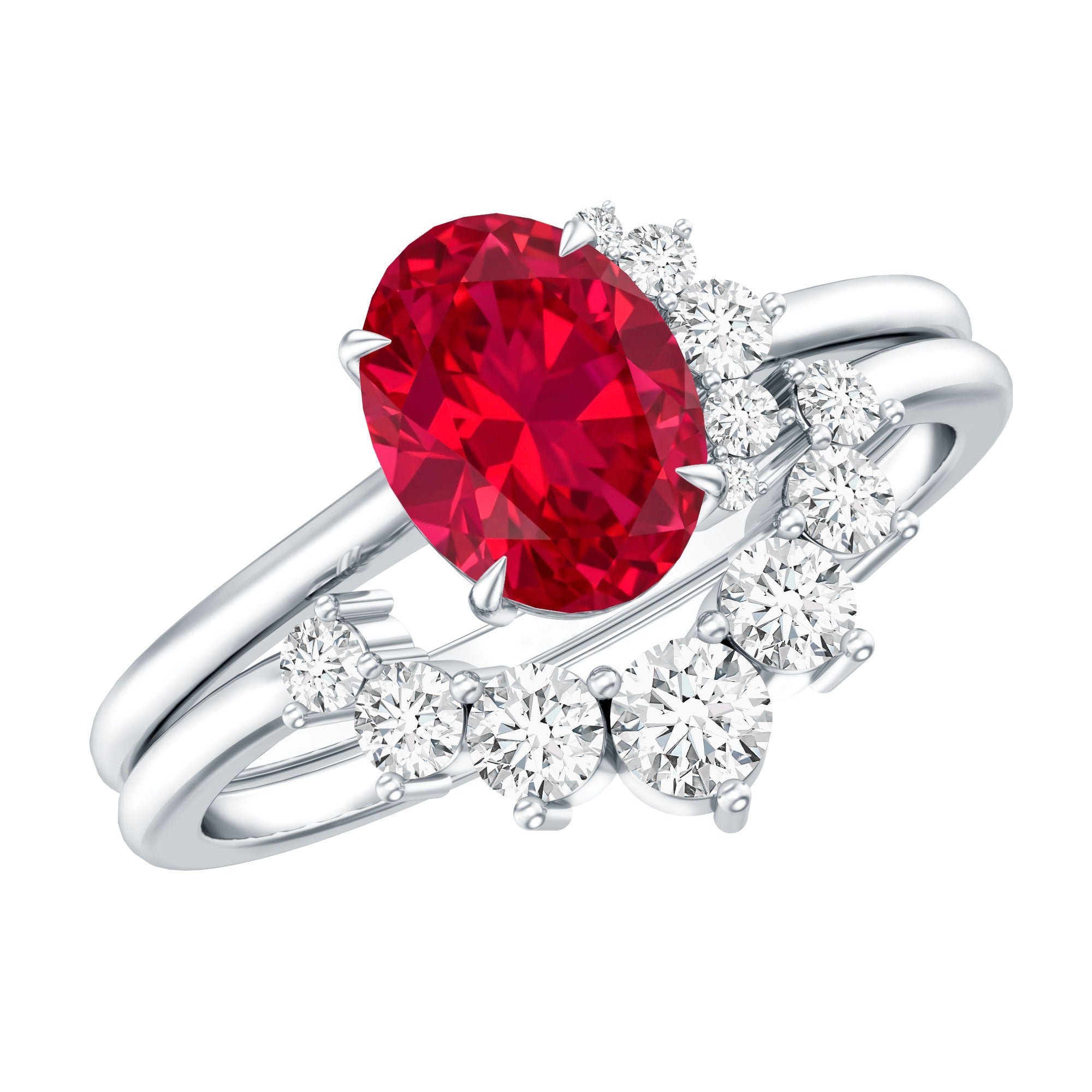 Oval Created Ruby Solitaire Wedding Ring Set with Diamond AAAA - Rosec Jewels
