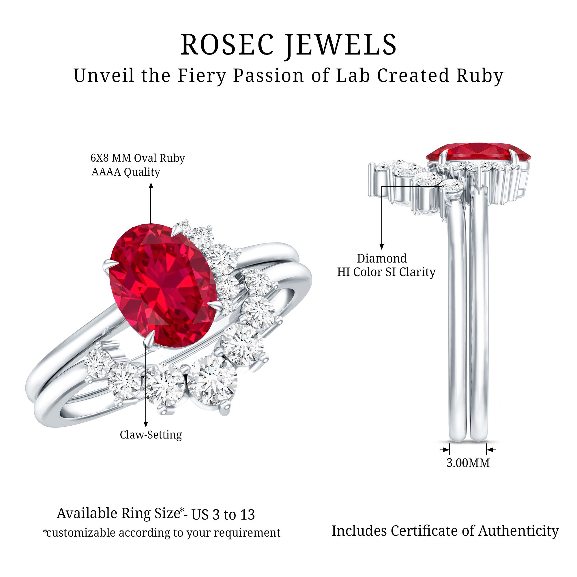 Oval Created Ruby Solitaire Wedding Ring Set with Diamond AAAA - Rosec Jewels