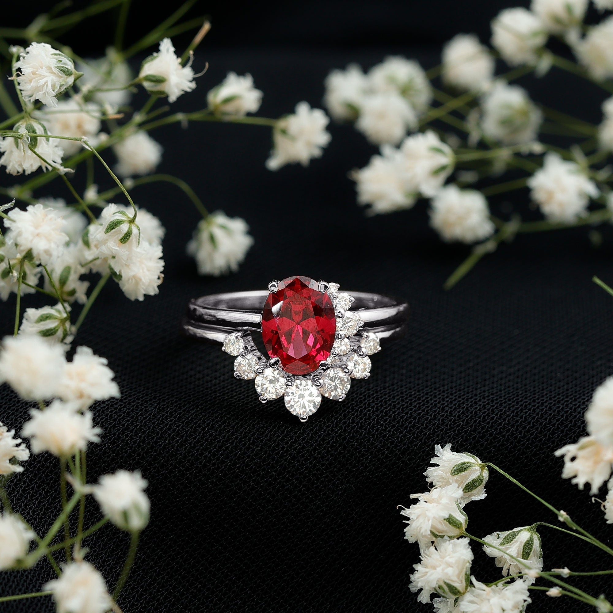 Oval Created Ruby Solitaire Wedding Ring Set with Diamond AAAA - Rosec Jewels