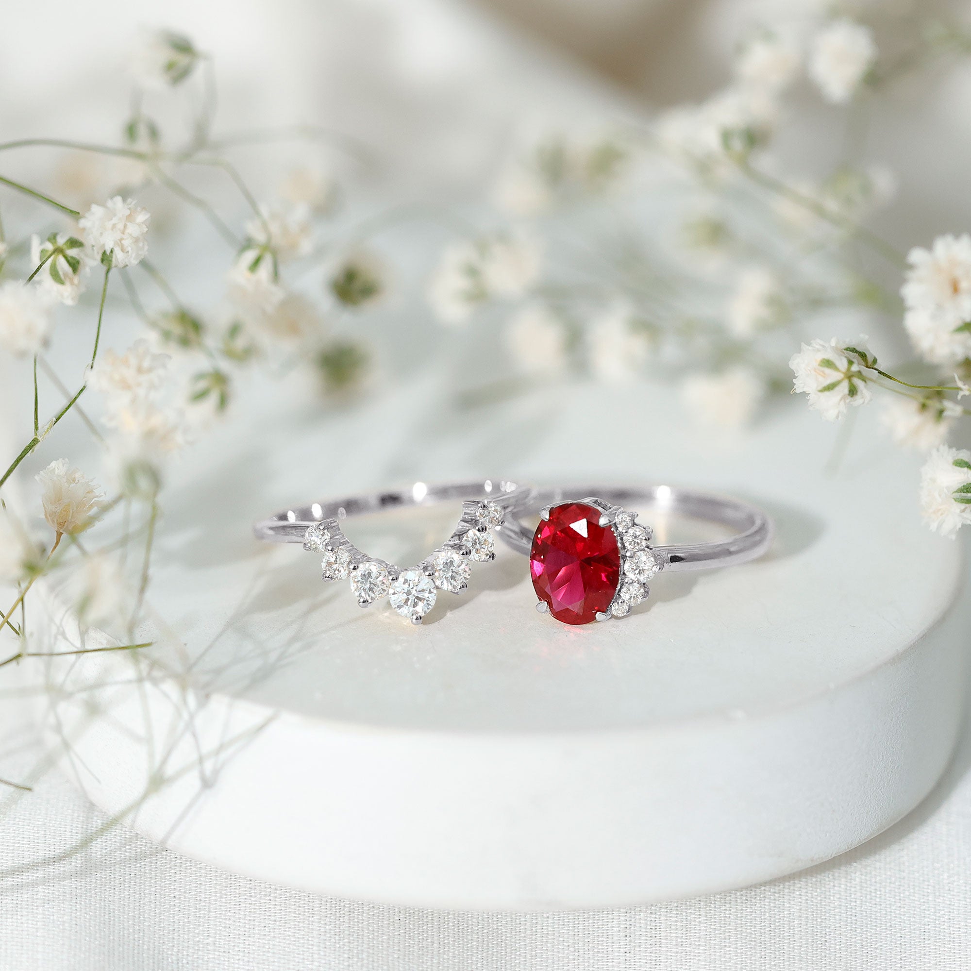 Oval Created Ruby Solitaire Wedding Ring Set with Diamond AAAA - Rosec Jewels