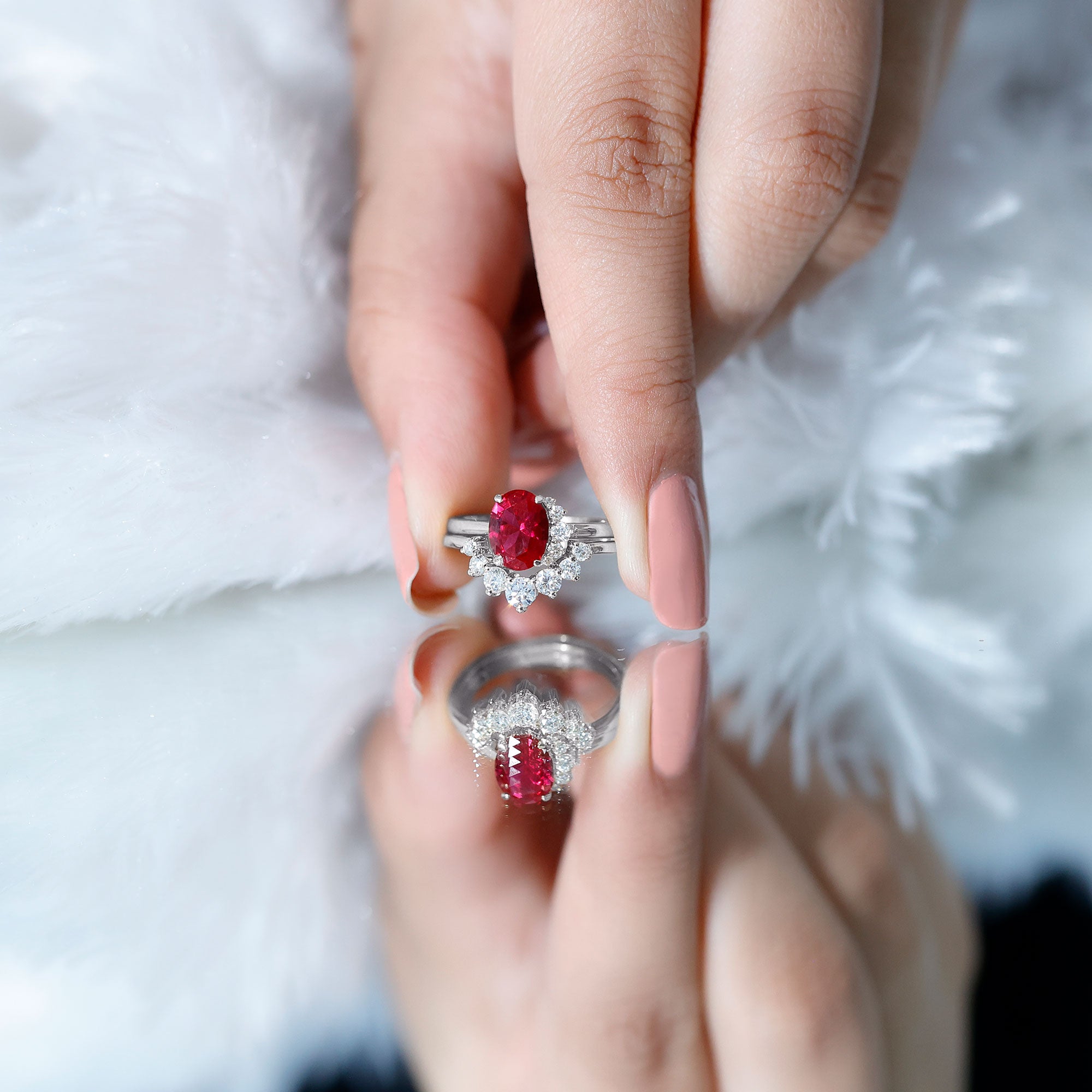 Oval Created Ruby Solitaire Wedding Ring Set with Diamond AAAA - Rosec Jewels