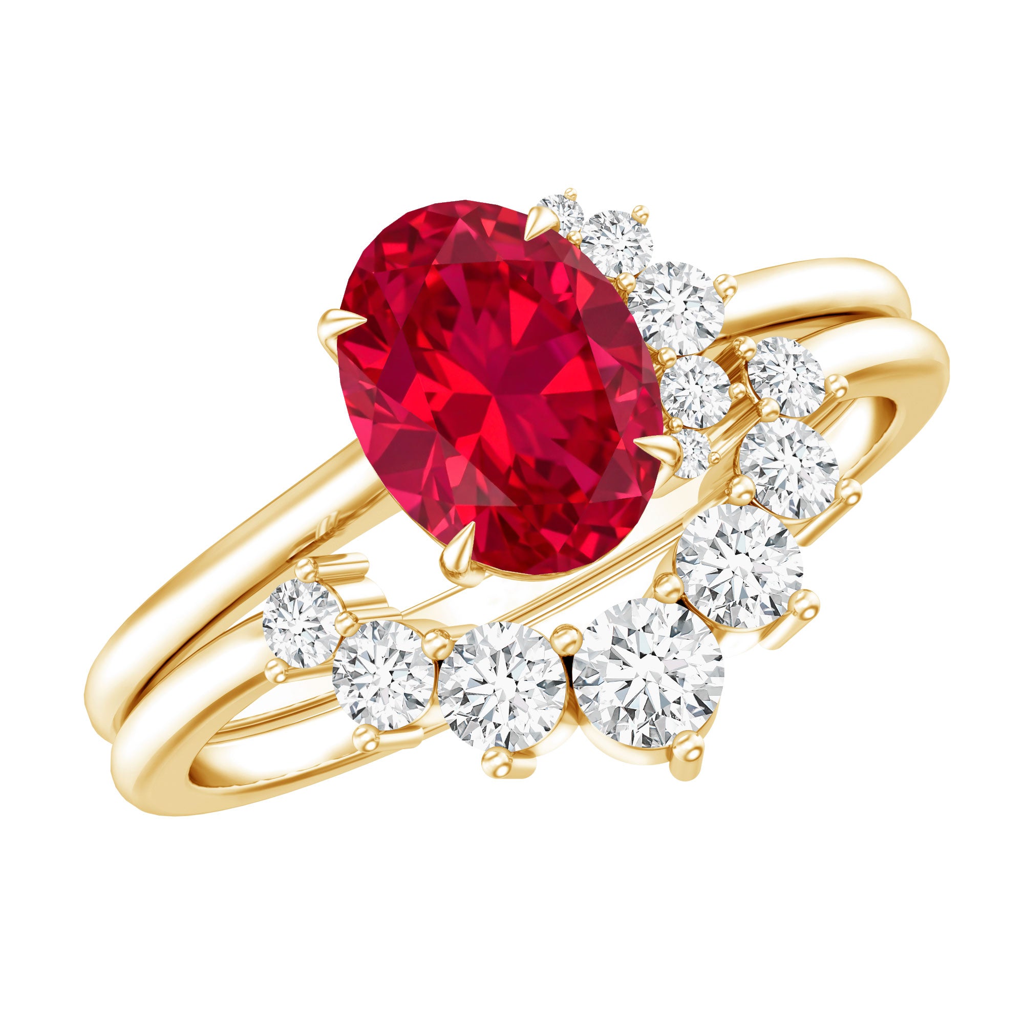 Oval Created Ruby Solitaire Wedding Ring Set with Diamond AAAA - Rosec Jewels