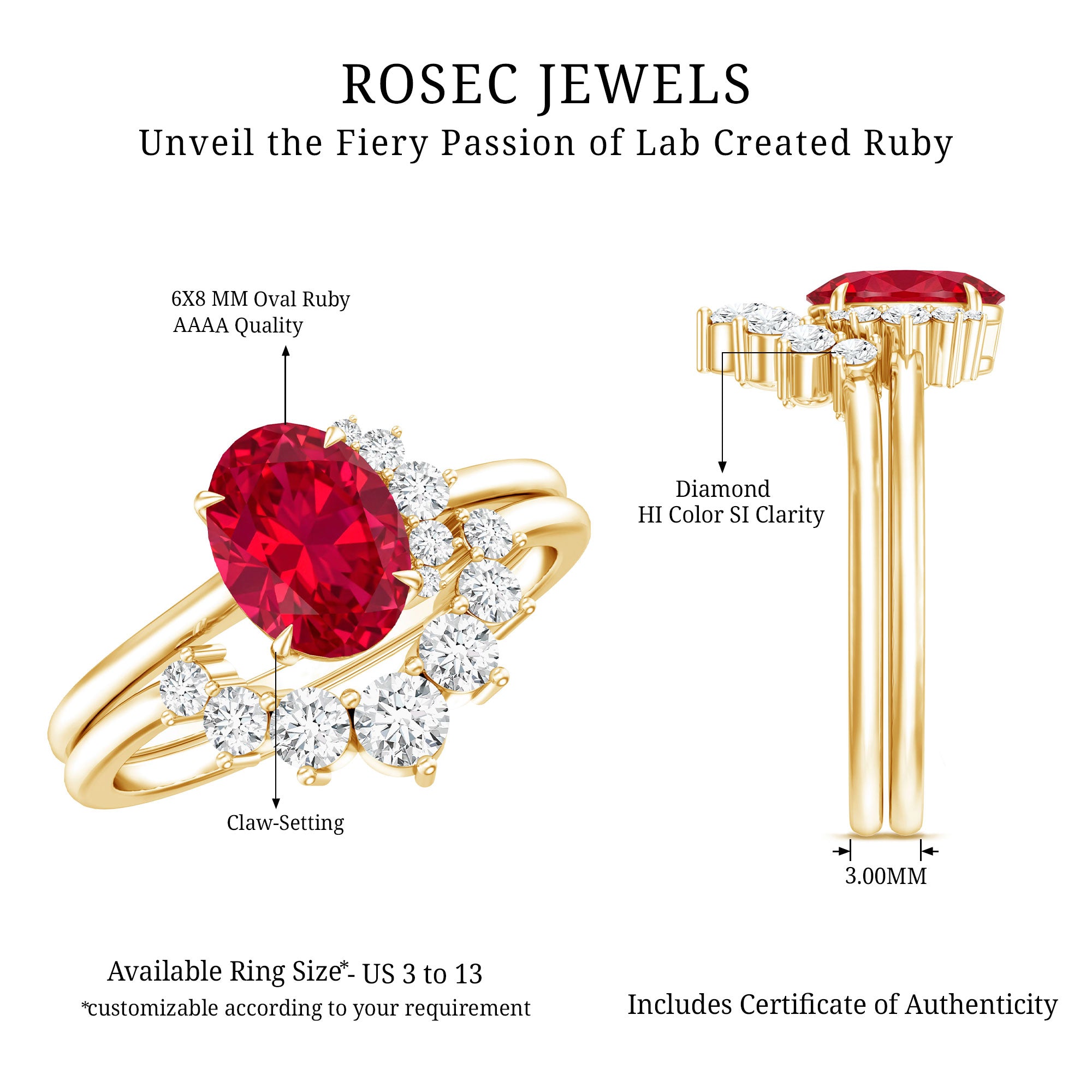 Oval Created Ruby Solitaire Wedding Ring Set with Diamond AAAA - Rosec Jewels
