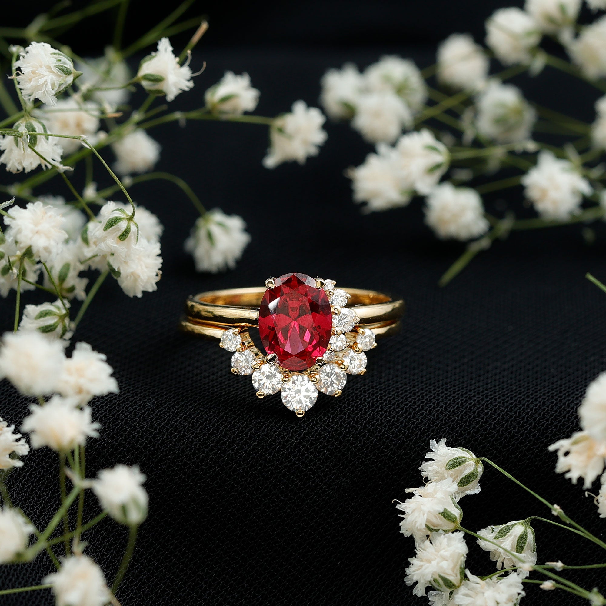 Oval Created Ruby Solitaire Wedding Ring Set with Diamond AAAA - Rosec Jewels