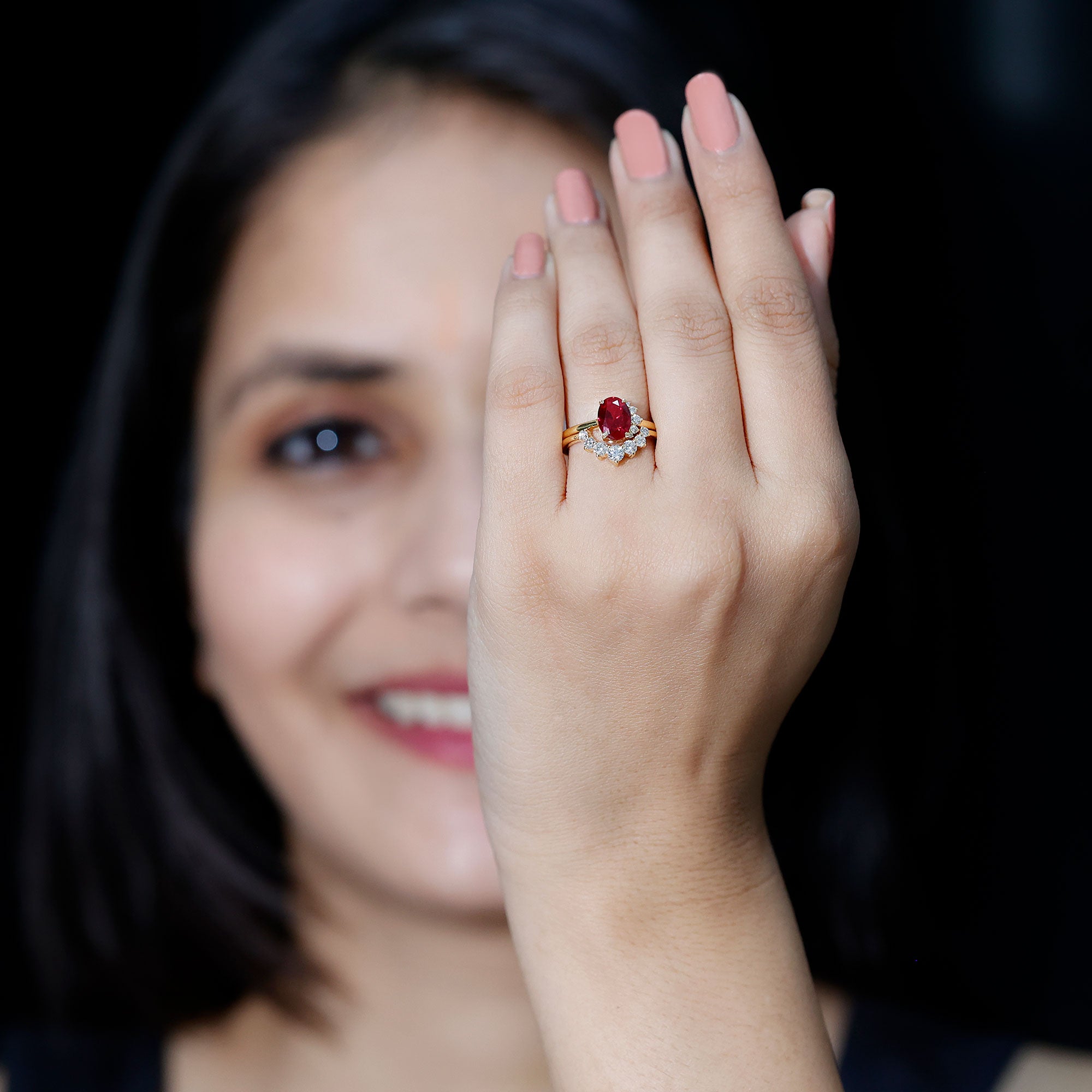 Oval Created Ruby Solitaire Wedding Ring Set with Diamond AAAA - Rosec Jewels