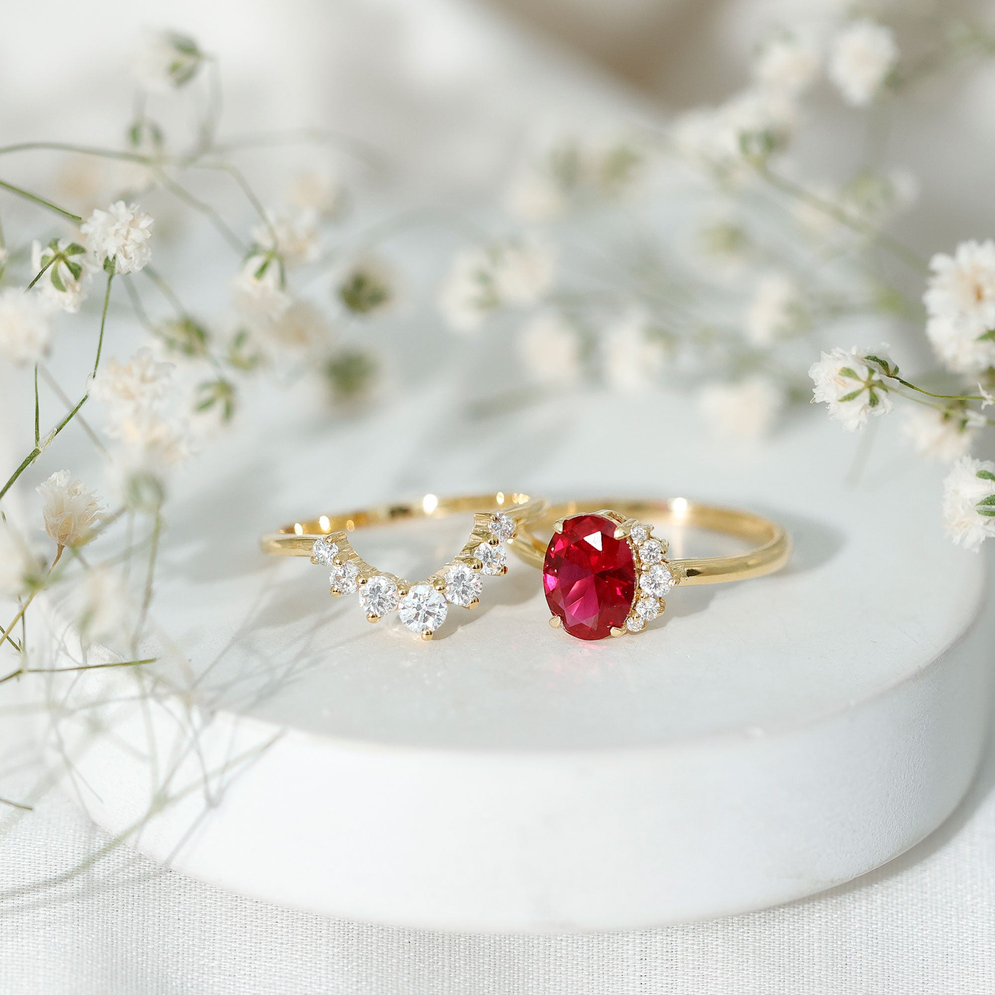 Oval Created Ruby Solitaire Wedding Ring Set with Diamond AAAA - Rosec Jewels