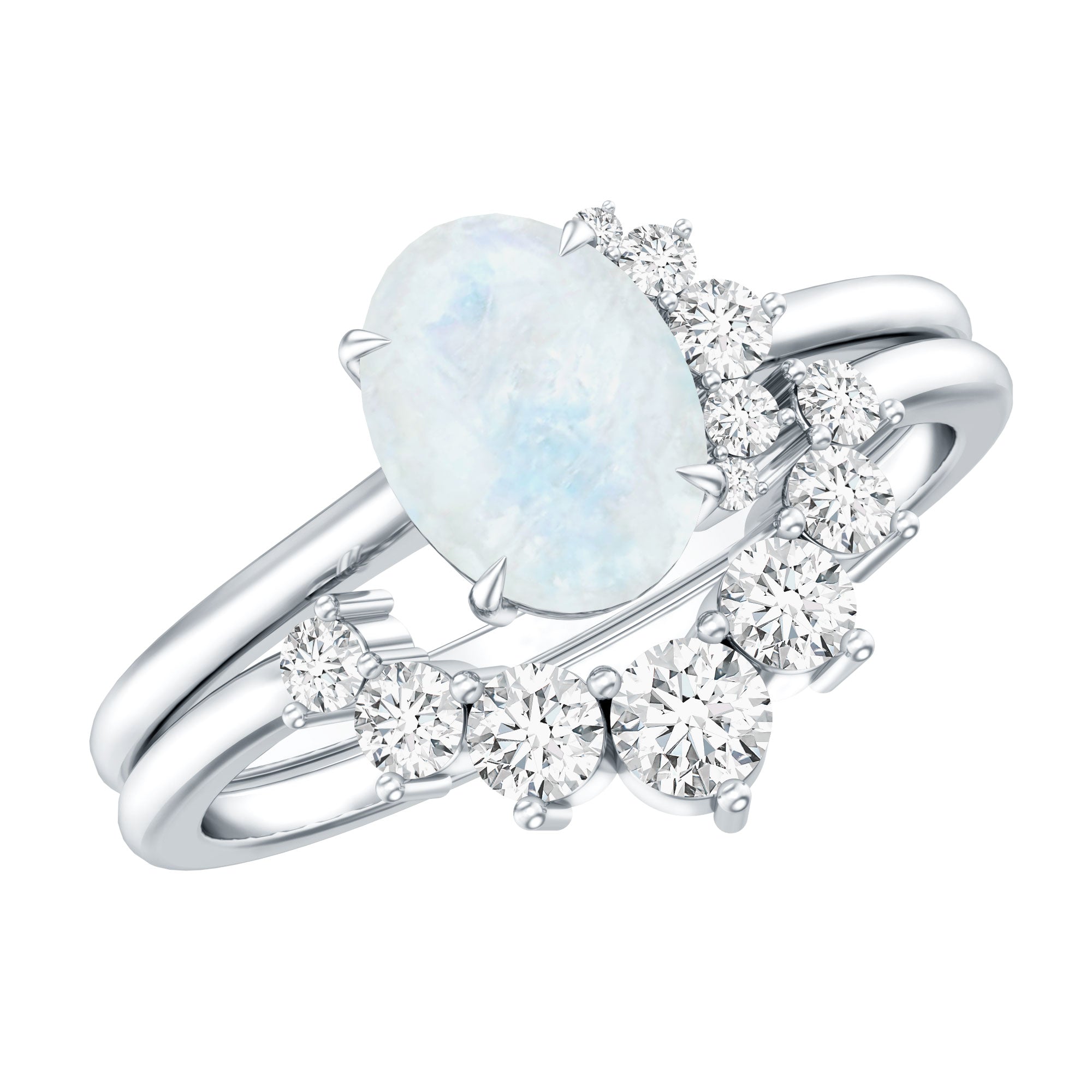 0.6 Carat Oval Moonstone and Diamond Engagement Ring Set AAA - Rosec Jewels