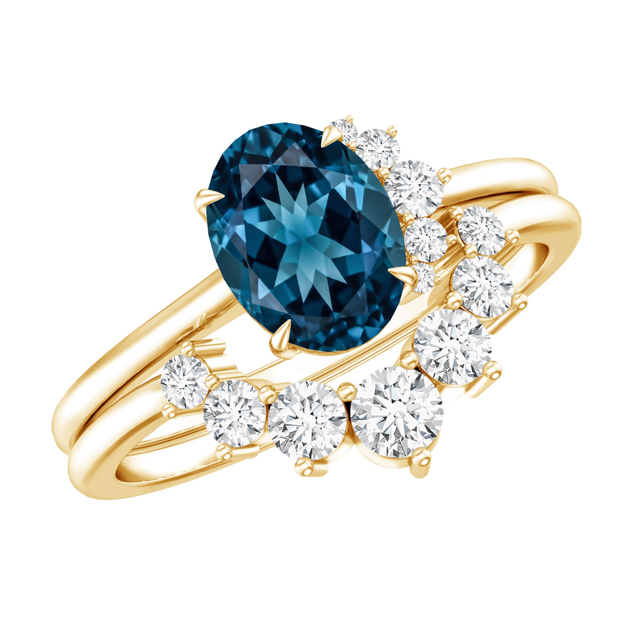 Oval London Blue Topaz and Diamond Designer Ring Set AAA - Rosec Jewels