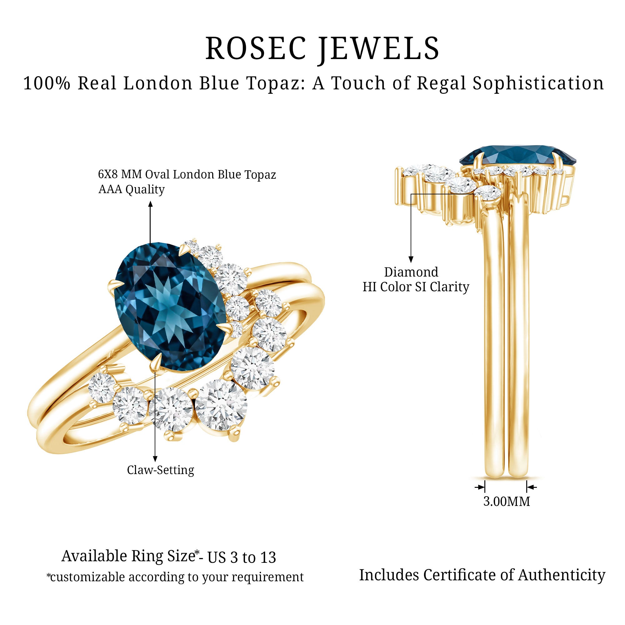 Oval London Blue Topaz and Diamond Designer Ring Set AAA - Rosec Jewels